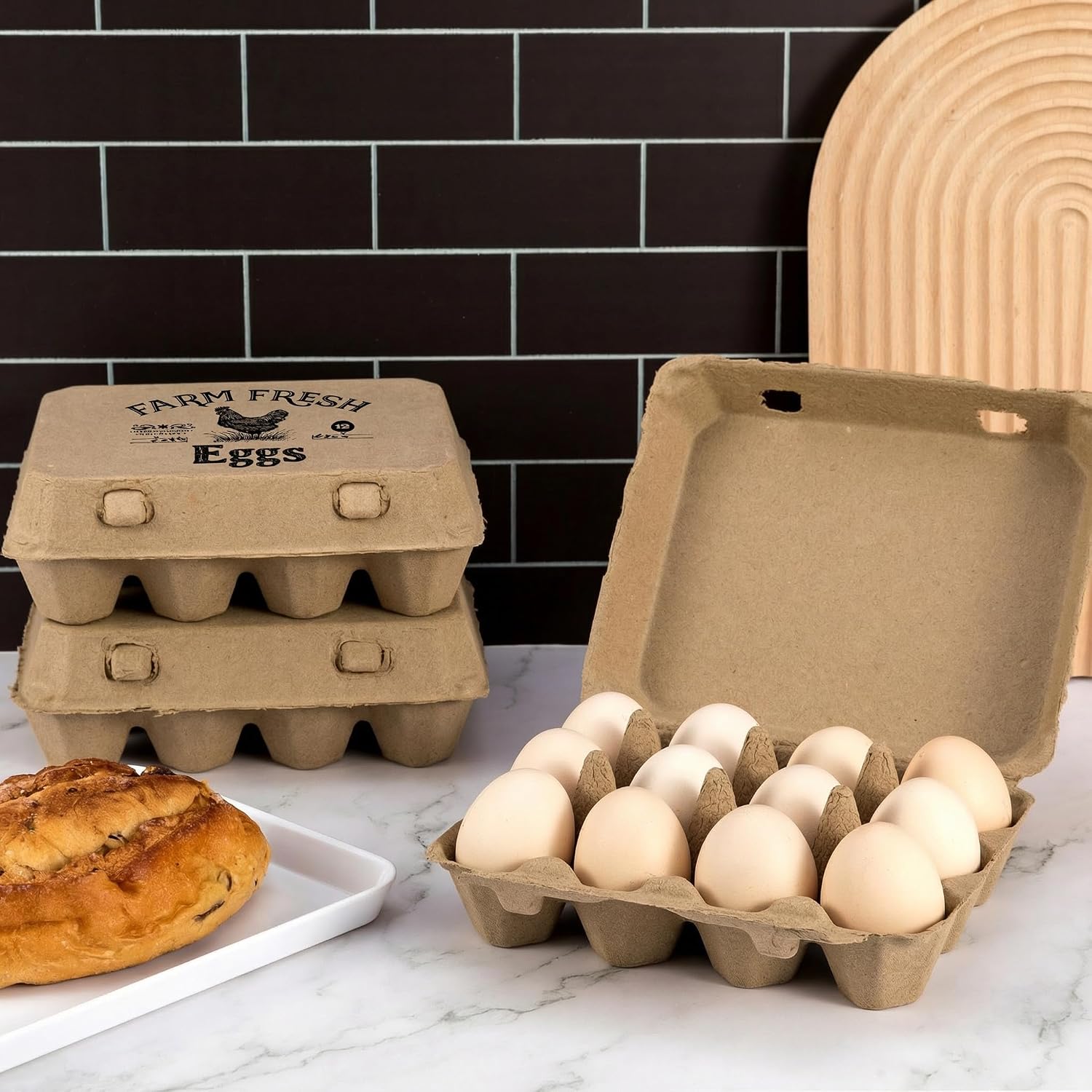 50 Pack Egg Cartons, 3x4 Style Paper Pulp Egg Trays with Printed Design, Sturdy & Reusable Egg Holder 12 Count Dozen Chicken Egg Storage Tray for Farmers, Home Use & Transport