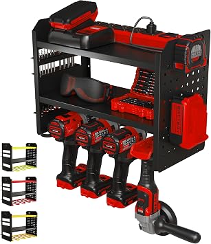 BUILTSTRONG Power Tool Organizer Wall Mount - 3-Tier Heavy-Duty Metal Hand Tool Storage Rack, Utility Racks, Drill Holder, PegBoard Side, More - Garage Storage Cordless Tool Organizer Black