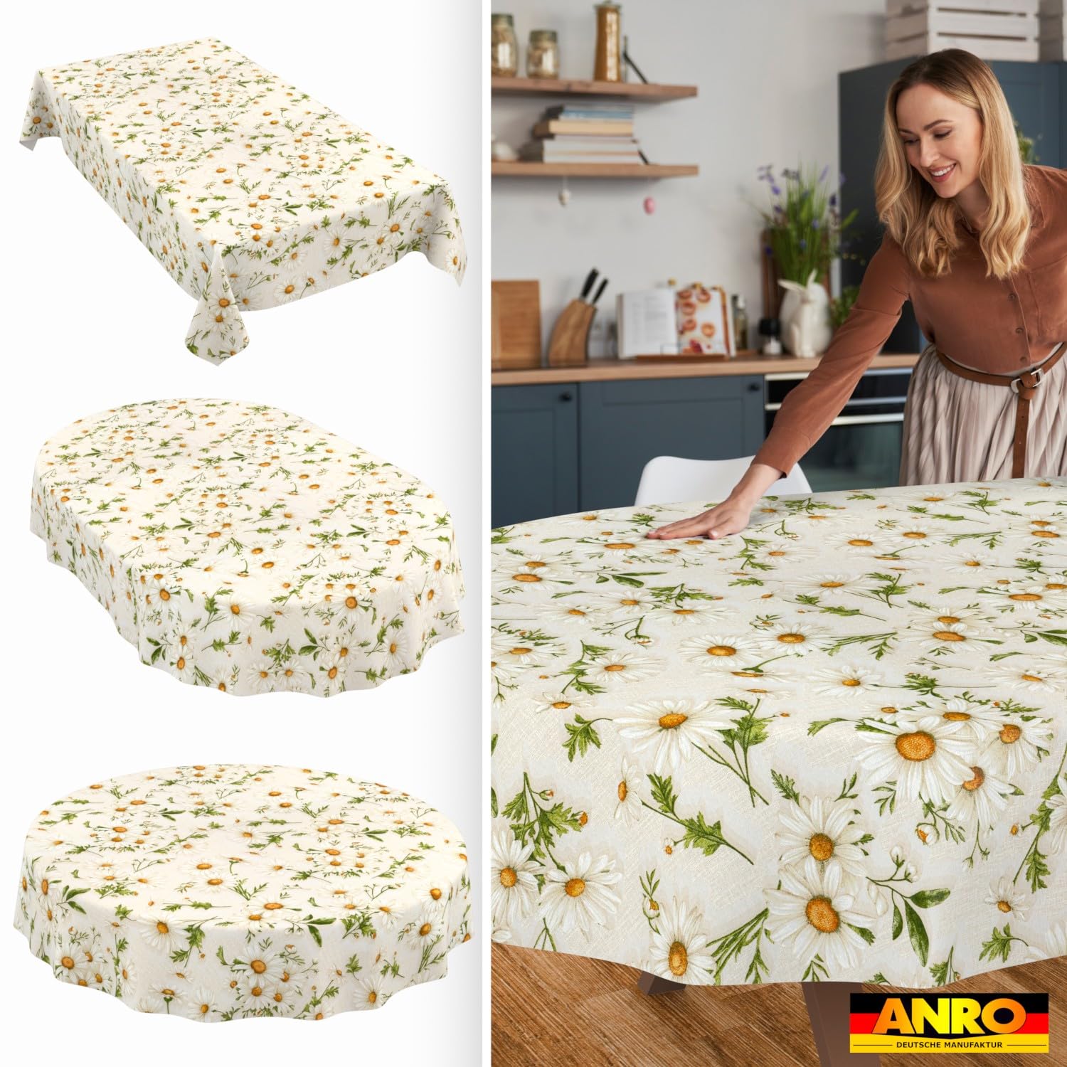 ANRO Nappe Lavable, Motif Marguerites Blanches, Ovale, 240 x 140 cm, imperméable, pour l'intérieur et l'extérieur, Effet Lotus, Bord coupé