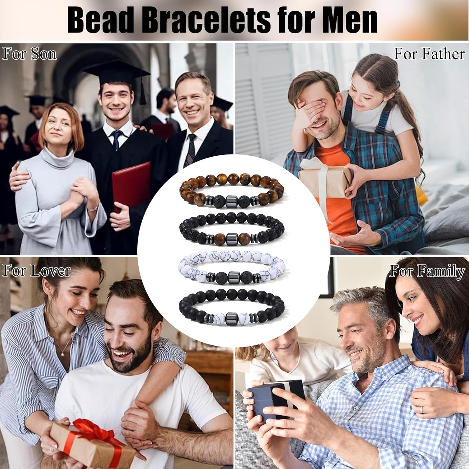 Giovanchi 4-12PCS Bracelets for Men, 8MM Mens Bracelets Lava Rock Black Obsidian Howlite Tiger Eye Beaded Natural Stone Bracelet Jewelry Gifts for Birthday Christmas - Image 6