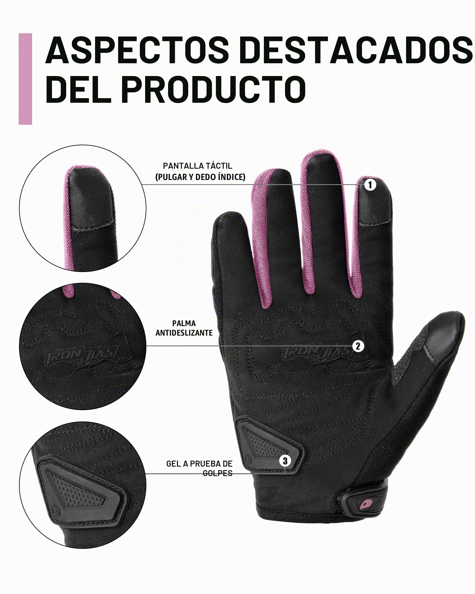 BORLENI Guantes de Moto, Dedo Completo Transpirable Guantes de Moto con Pantalla Táctil Guantes de Nudillos Verano，Rosa，M