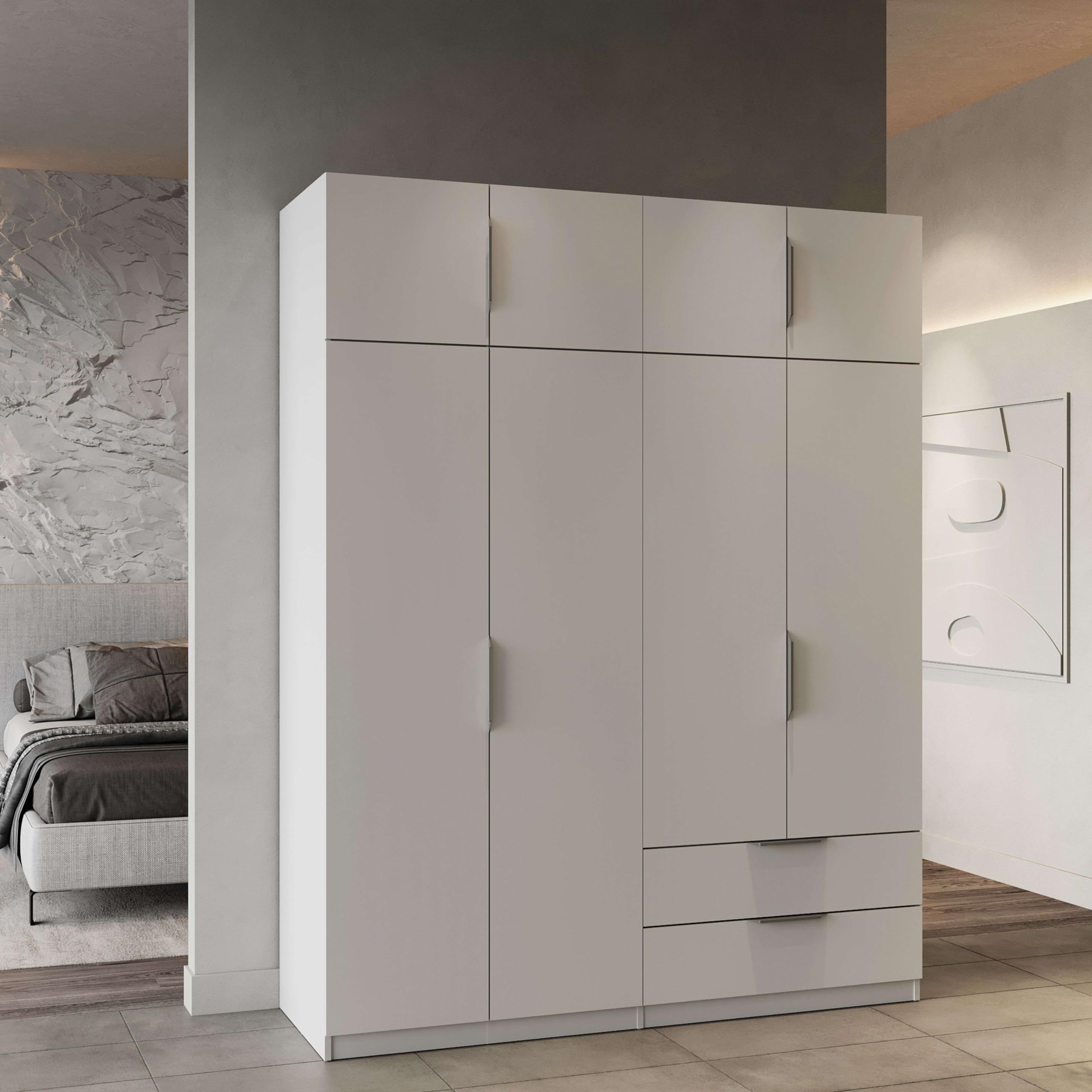 Miroytengo Armario Ghost Grande, Vestidor con Diferentes Compartimentos, 8 Puertas y 2 Cajones, Blanco Mate o Roble Kronberg o en Blanco y Roble 203x158x51 cm