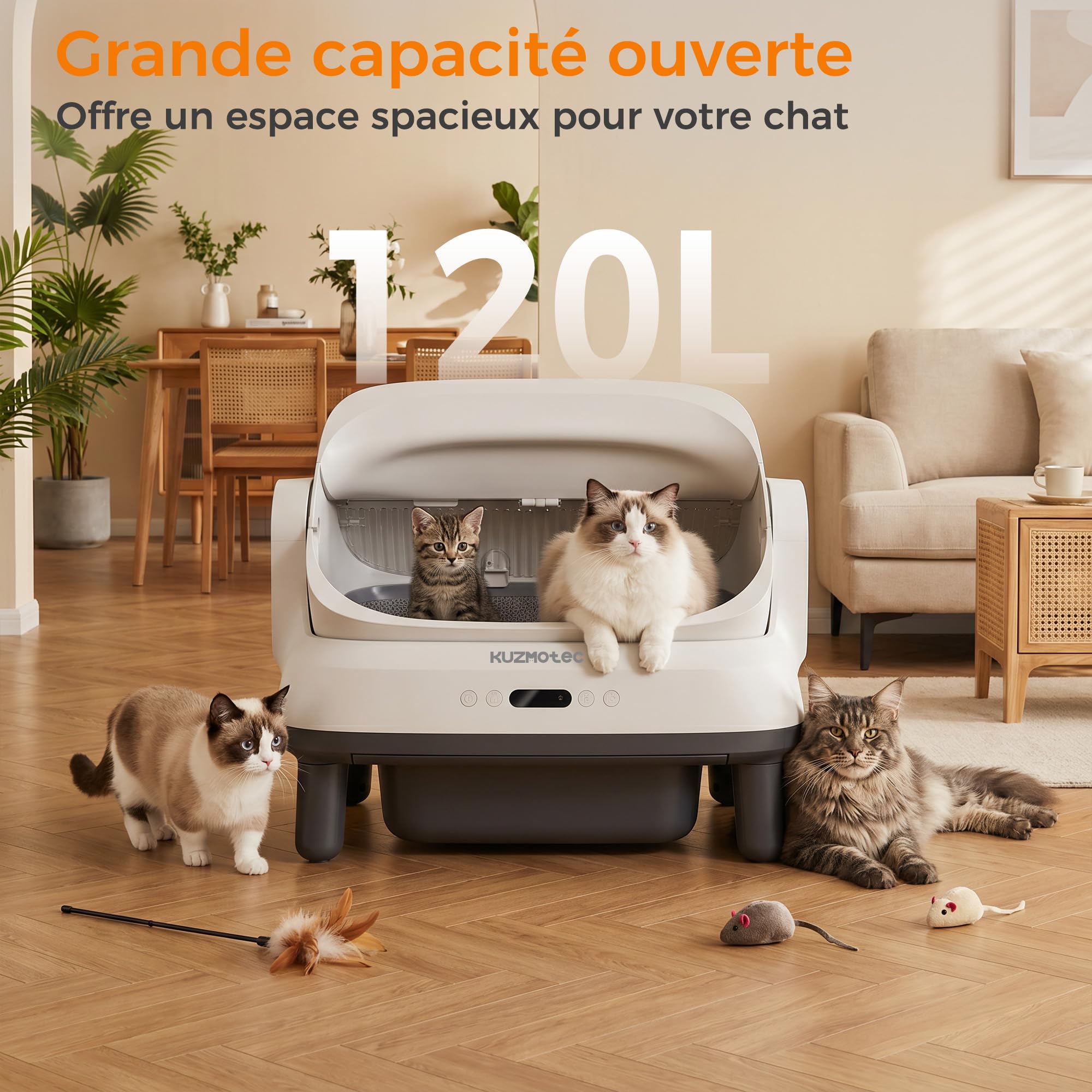 litiere pour Chat autonettoyante, Format XXXL élargi litière autonettoyante Automatique avec entrée et Sortie Facile, étanche Anti-odeurs Durable Grand Format 120L Cat Litter Box