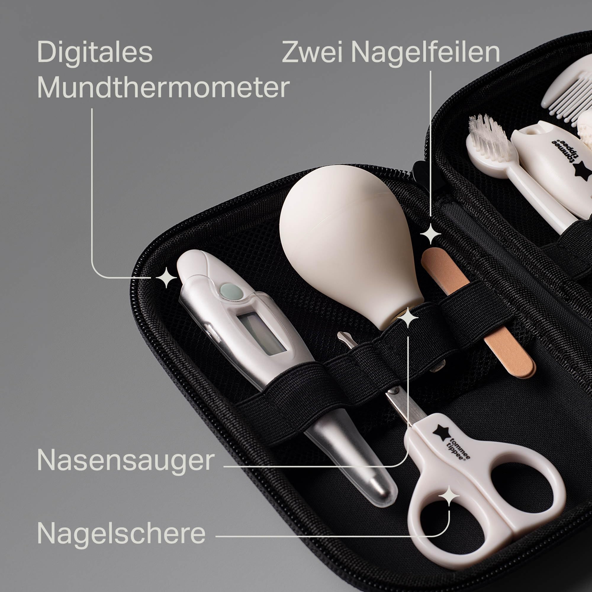Tommee Tippee Baby-Pflegeset, 9x Essentielle Pflegeartikel für Neugeborene für zu Hause und Unterwegs, abwischbares und wasserdichtes Reiseetui (Design kann variiieren)