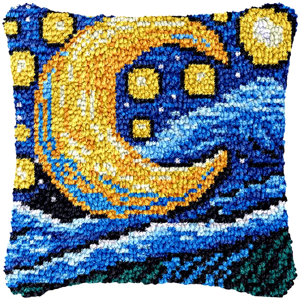 Night Moon Stars Latch Hook Kits Pillow Printed Canvas Handmade Cushion Crochet Yarn Embroidery Kit Pillowcase Christmas Decoration 43x43cm(2)