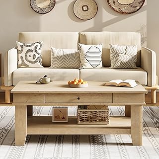 Rectangular Coffee Table with Drawer and Open Shelf, Long Center Table f...