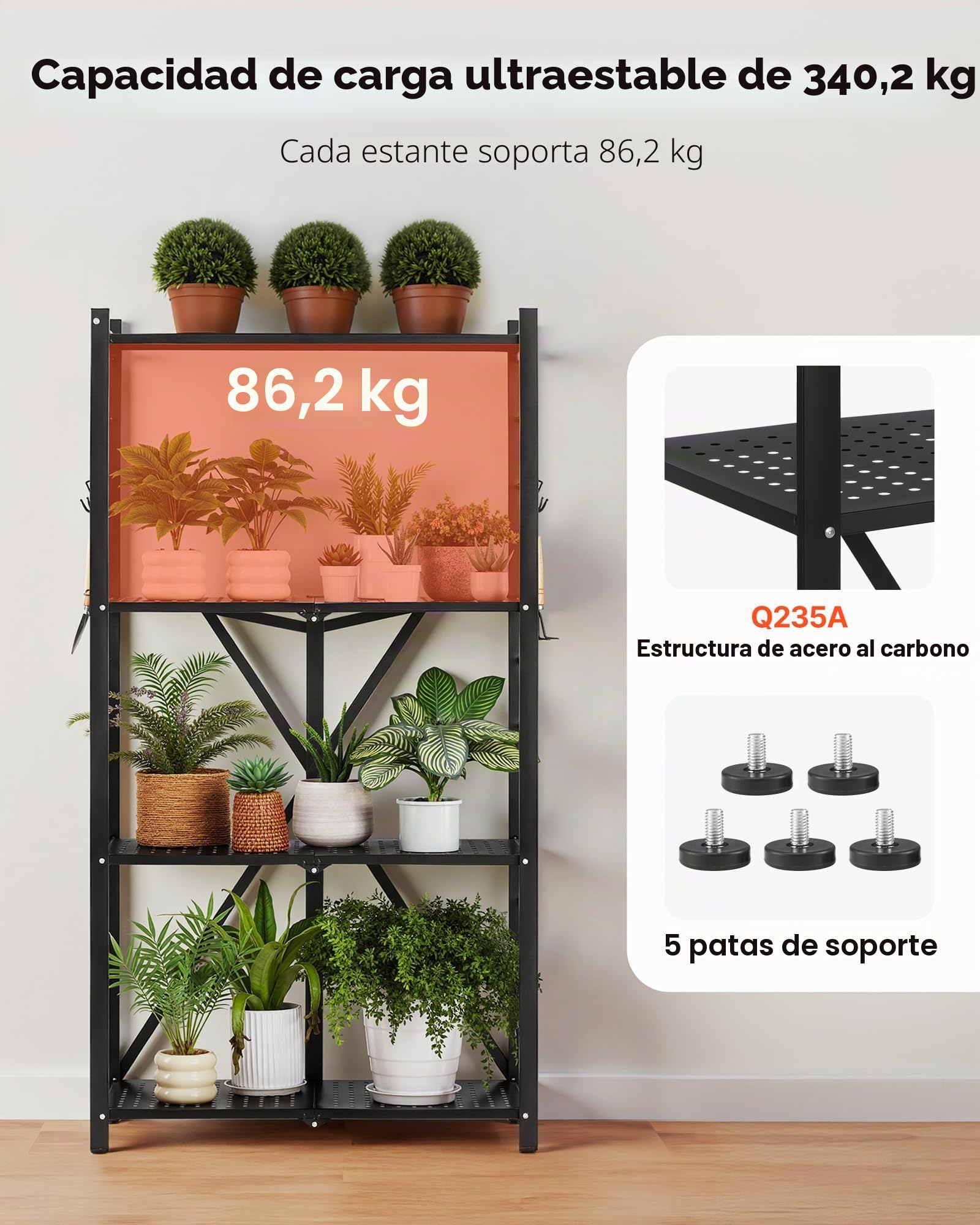 VEVOR Estante de Almacenamiento Plegable de 4 Niveles con Ruedas 71 x 33 x 137 cm Estantería Metálica Móvil Resistente, sin Necesidad de Ensamblaje, Organizador para Garaje, Cocina, Sótano, Negro