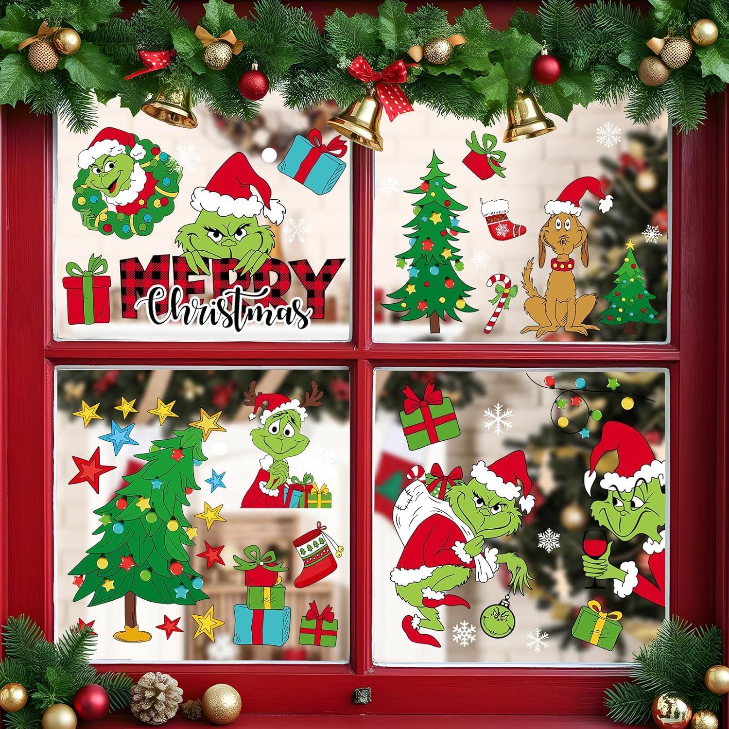 9 Hojas Pegatinas Navidad Ventanas,Pegatina Ventana Grinch Navideño Reutilizables PVC para Escaparates Cristal Puertas Hogar Grandes Stickers Muñeco Copo de Nieve