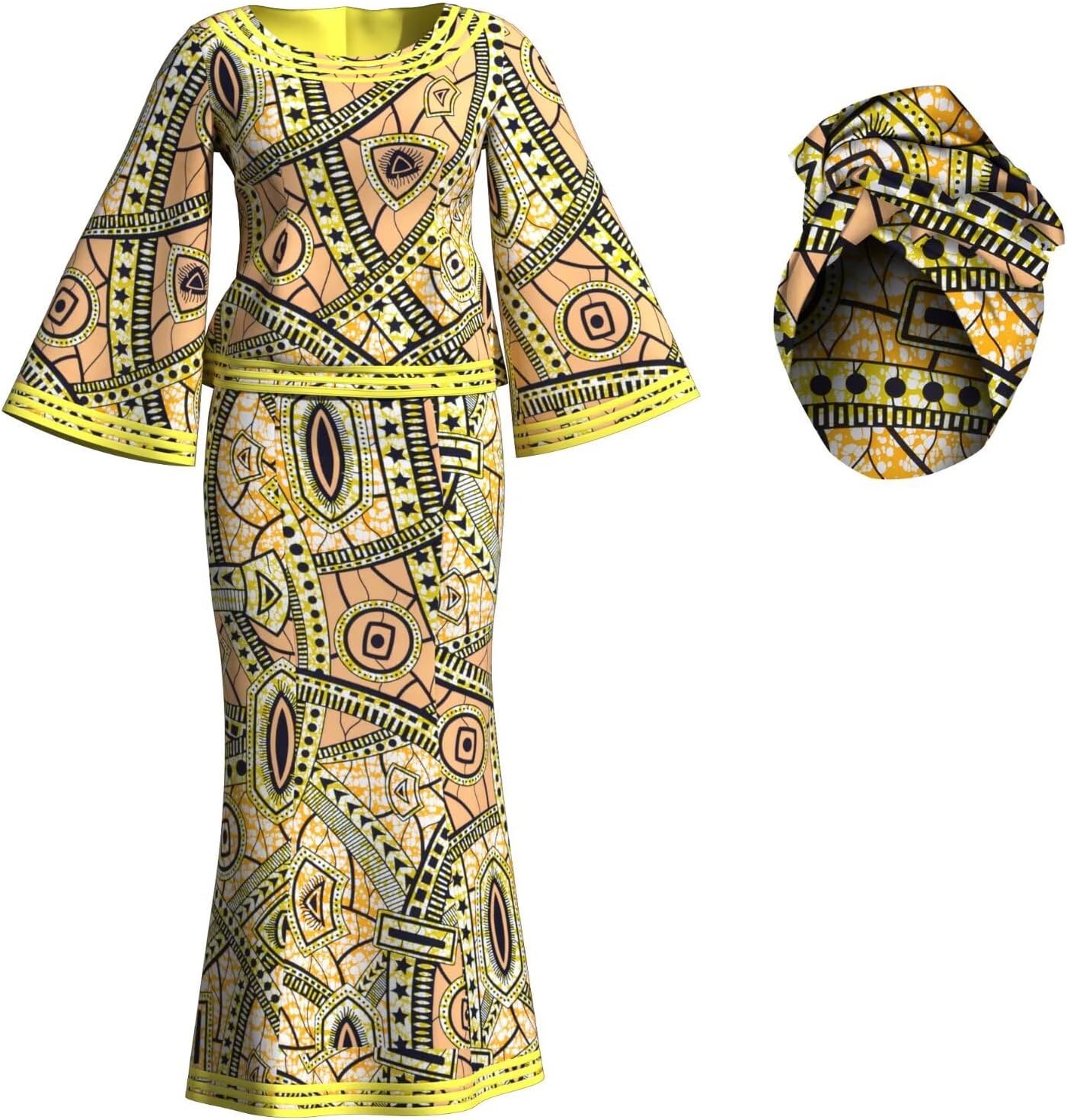 BAZINRICHE Women African Dresses Clothing Ankara Bazin Riche Dress Womens Skirts Set Print Dashiki Top with Headscarf