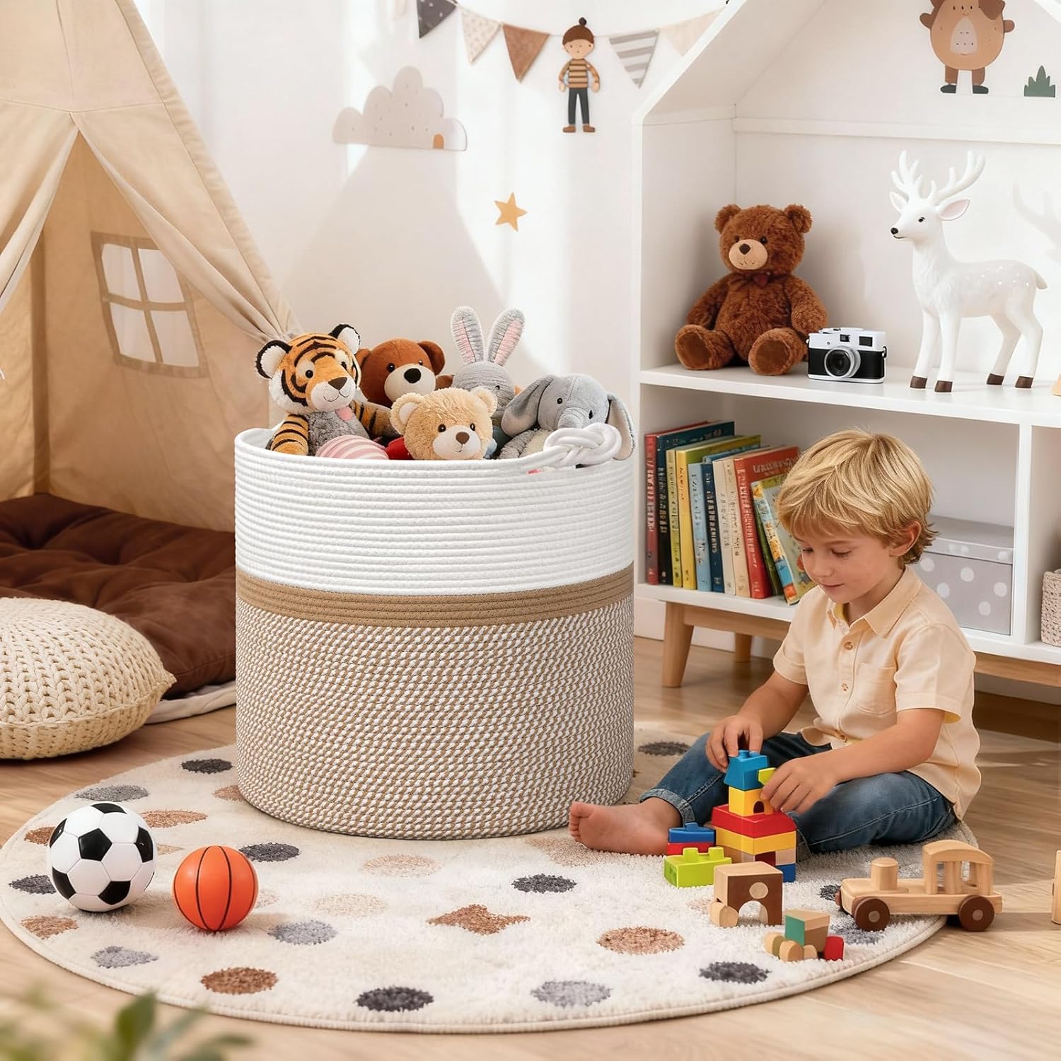 Goodpick 17"x16" Toy Storage for Kids, Home Décor Living Room, Woven Laundry Basket for Blankets Pillows Clothes, Baby Basket for Fall Decorations, White & Camel