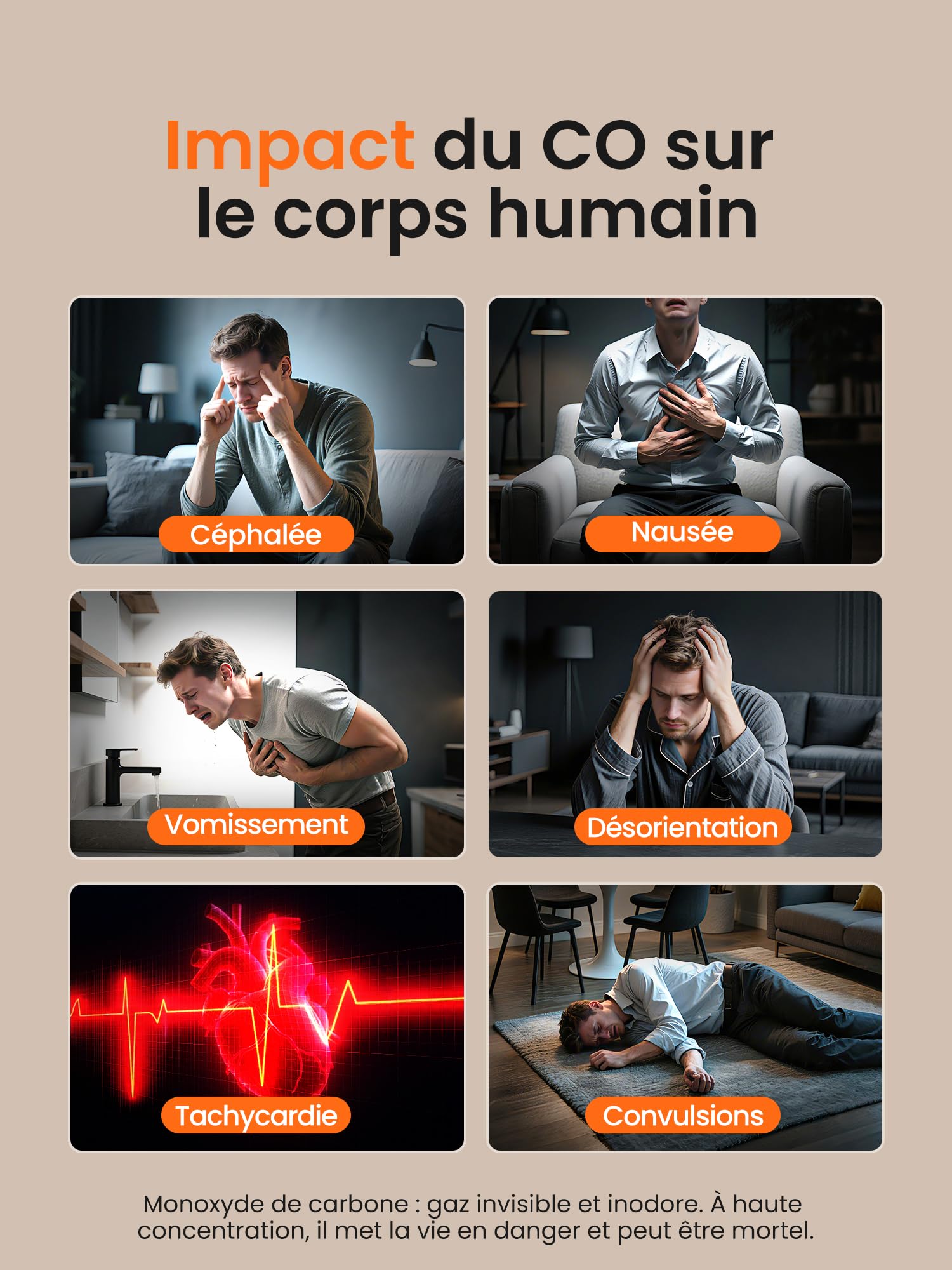 Heiman Détecteur de Monoxyde de Carbone, Certifié en 50291, Détecteur de CO avec Pile Remplaçable de 10 Ans, Écran LCD Digital et Capteur Électrochimique Haute Précision, Bouton de Test/Silence