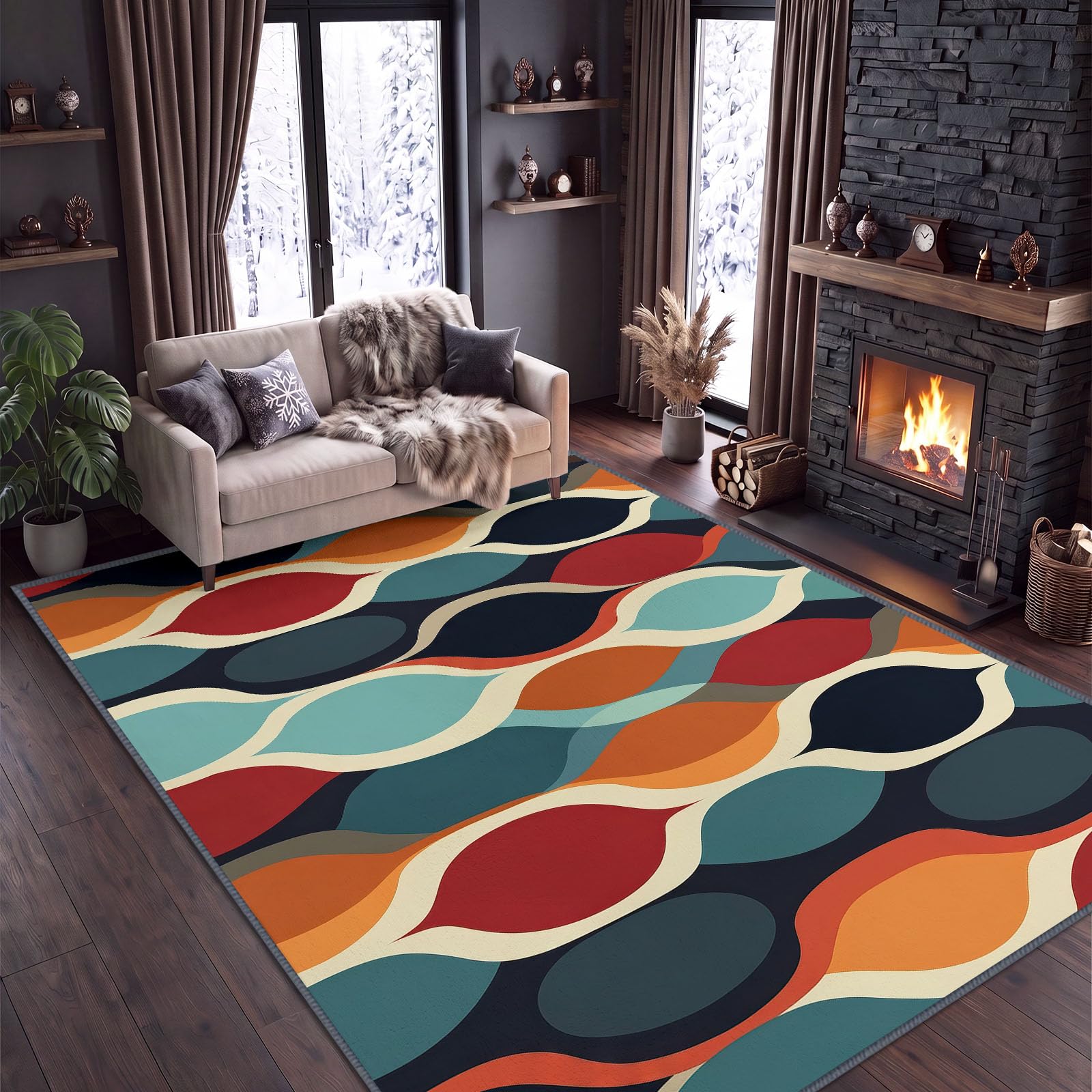 Kurzflor Teppich Wohnzimmer Retro Geometrisch Elliptisch Rautenförmig Flauschig Weiche Anti Rutsch Unterseite Teppiche für Schlafzimmer Küche, Pflegeleicht Waschbare Fußmatte, Blaugrün, 180 x 240 cm