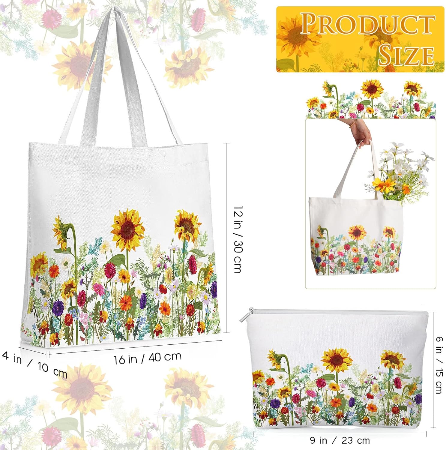 Sadnyy 2 Pcs Sunflower Aesthetic Canvas Tote Bags with Makeup Zipper Pouch for Women Valentine Galentine Cute Floral Reusable Shoulder Tote Bag for Teacher Beach Shopping Travel Work Gym Grocery - Image 4