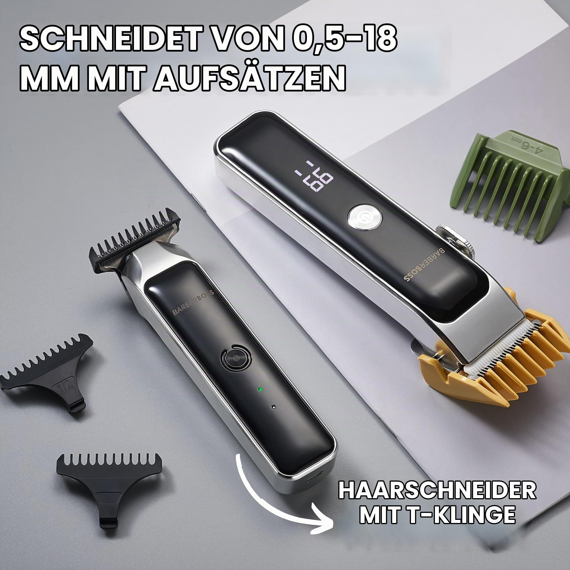 BarberBoss Tragbarer Bart- & Haarschneider, Gesichtshaarschneider für Männer mit Keramikklinge, Präzisions-Zifferblatt, Führungskämme, USB-Aufladung, Rot/Grün Anzeige, QR-2682