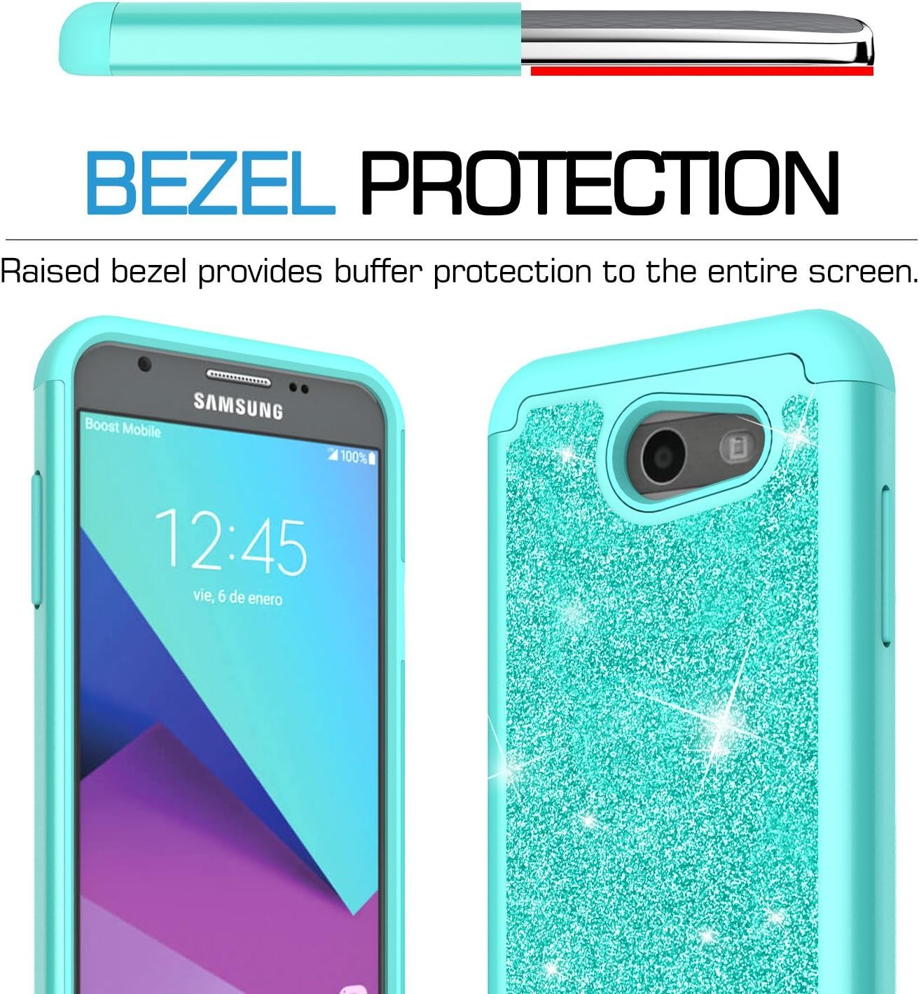 LeYi Compatible with Galaxy J3 Prime/Emerge/Express Prime 2/Amp Prime 2/J3 Mission/J3 Eclipse/J3 Luna Pro/Sol 2 Glitter Case with Glass Screen Protector,Heavy Duty Case for Samsung Galaxy J3-Mint
