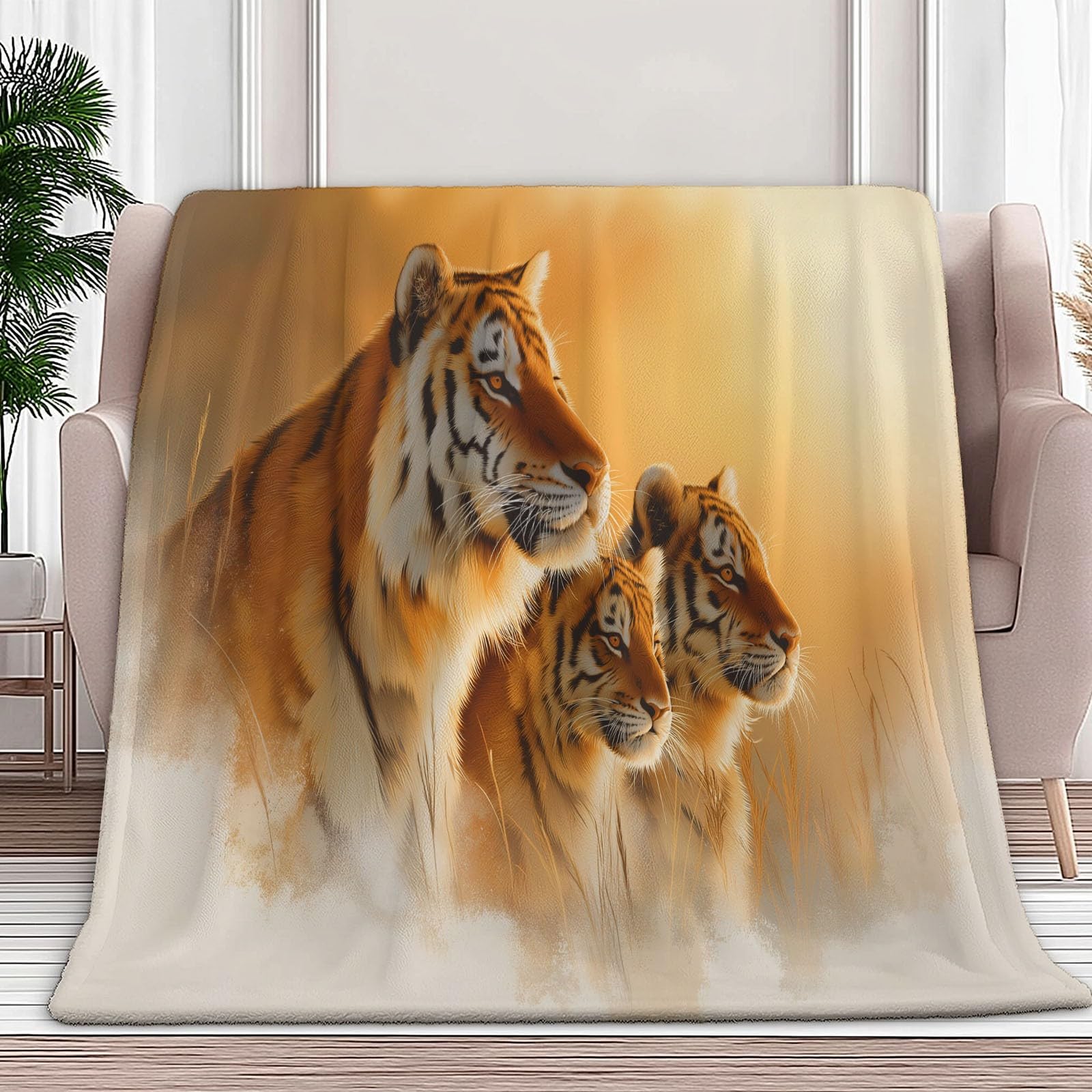 Generico Złoty miękki i puszysty koc 200 x 200 cm, ciepły koc flanelowy surrealizm zwierzęta tygrys i miękki zimowy koc dla dorosłych dzieci - do łóżka kanapy i podróży