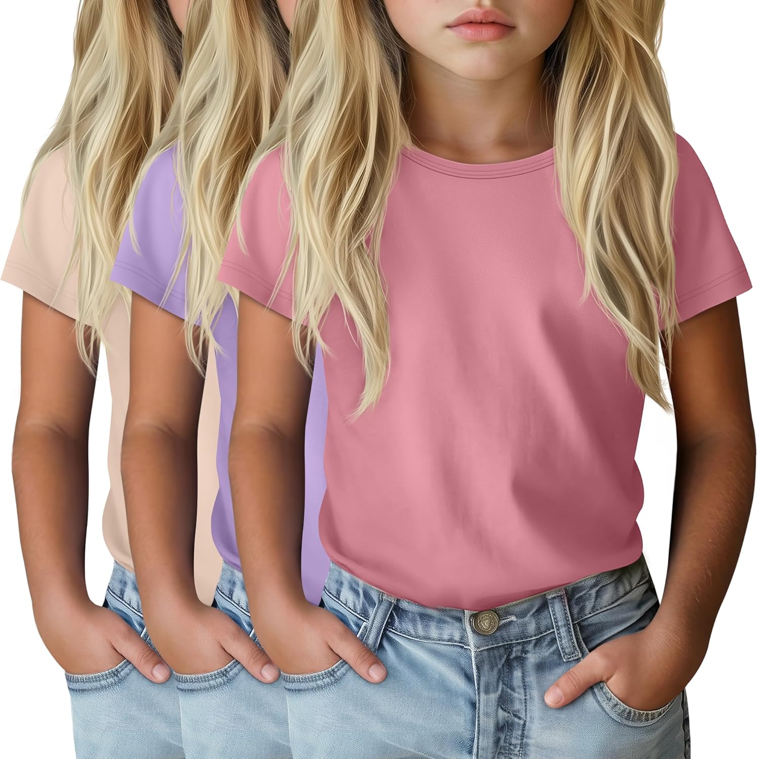 3 Pack Girls' Short Sleeve Shirts Kids Crew Neck Summer Tees Solid Casual Basic Tee...