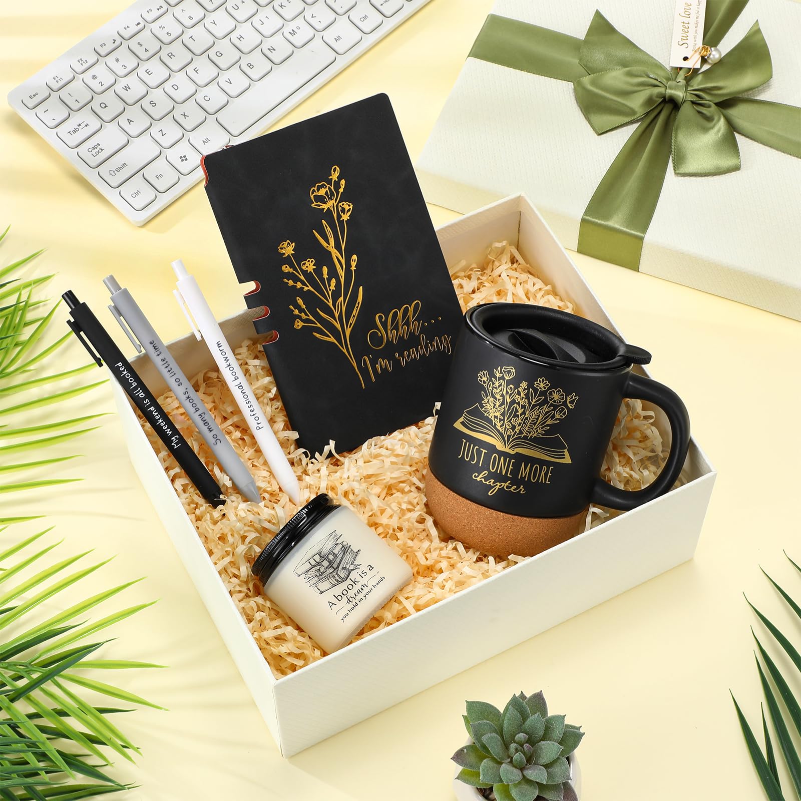Baderke Regalos para amantes de los libros, tazas de cerámica con parte inferior de corcho, diario A6, cuaderno de velas, bolígrafos de lectura, regalos para mujeres y hombres, gusanos de libros, club