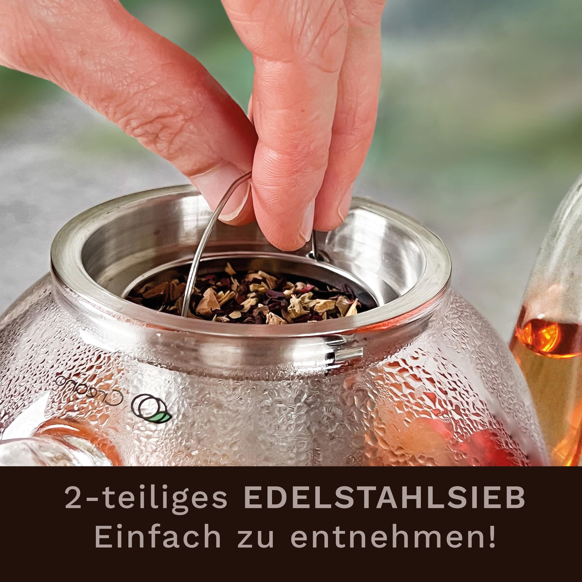 Creano Théière en Verre Haute 1,5 l Anti-Goutte avec Filtre INOX et réchaud Leaf Argent – théière Borosilicate pour thé en Vrac, sachets de thé et Fleurs de thé