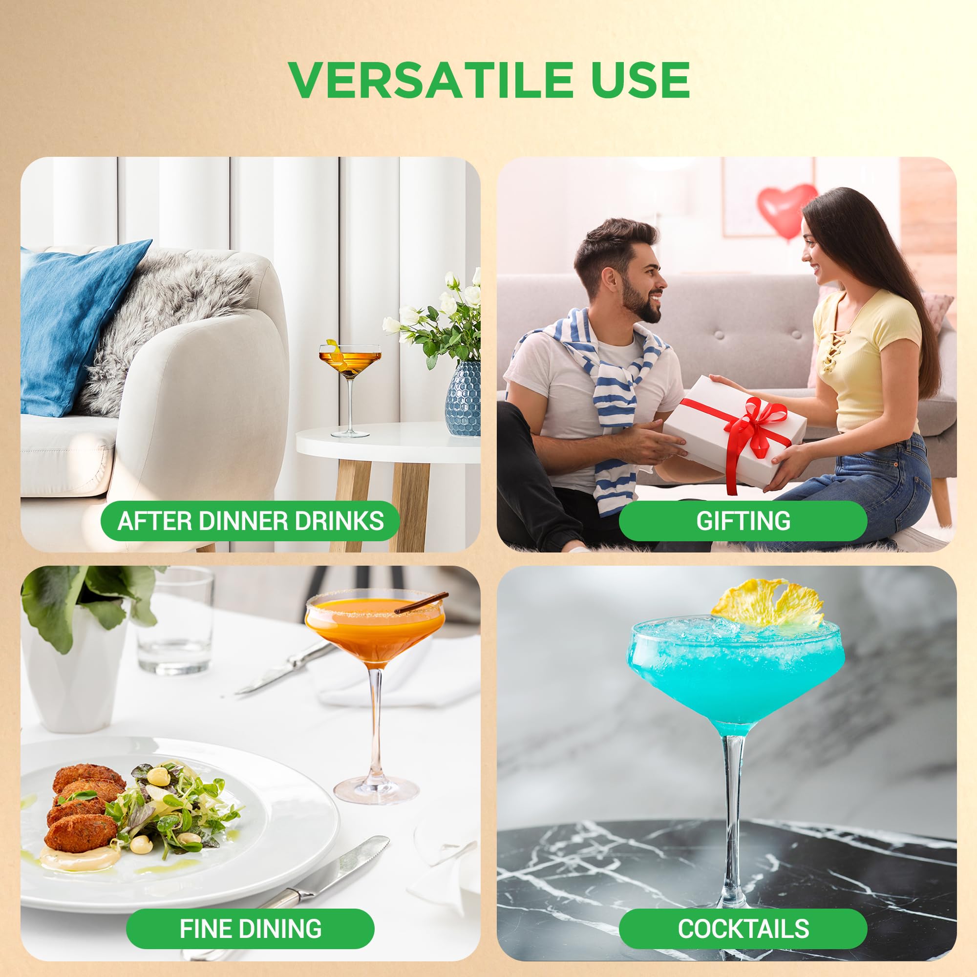 Sets aus kristallklarem Martini-Glas, ultraklar, elegantes, kristallklares Weinglas, Paar, spülmaschinenfest, ideal für Abendessen, Partys, Hochzeiten und elegante Anlässe, 12 cm maximaler Durchmesser