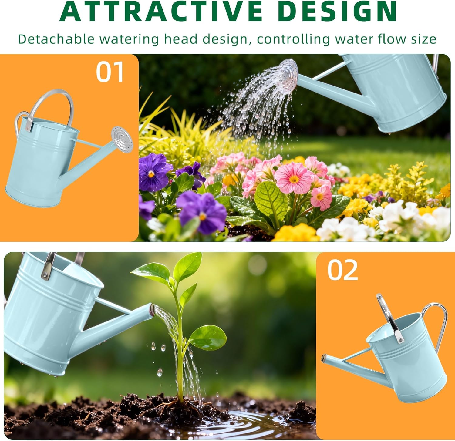 Metal Watering Can, 1.7 Gallon Galvanized Watering Can for Outdoor Plants,Blue Decorative Countryside Style Water Can with Removable Spout