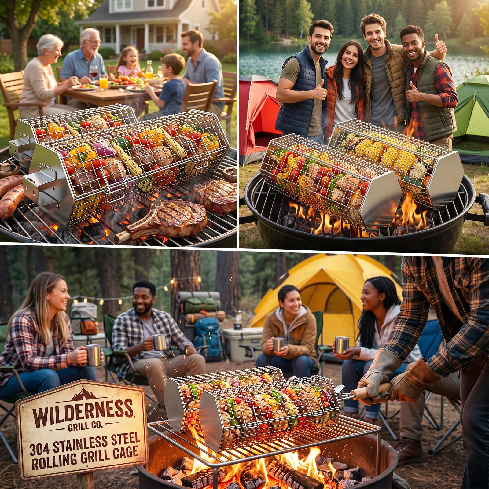 Panier à Barbecue Roulant, Design Hexagonale à Ouverture Rapide, Poignée Détachable, Acier Inoxydable 304, Gigogne, Accessoires Grille à Legumes, Ustensiles Grill de Cuisine Exterieur Camping