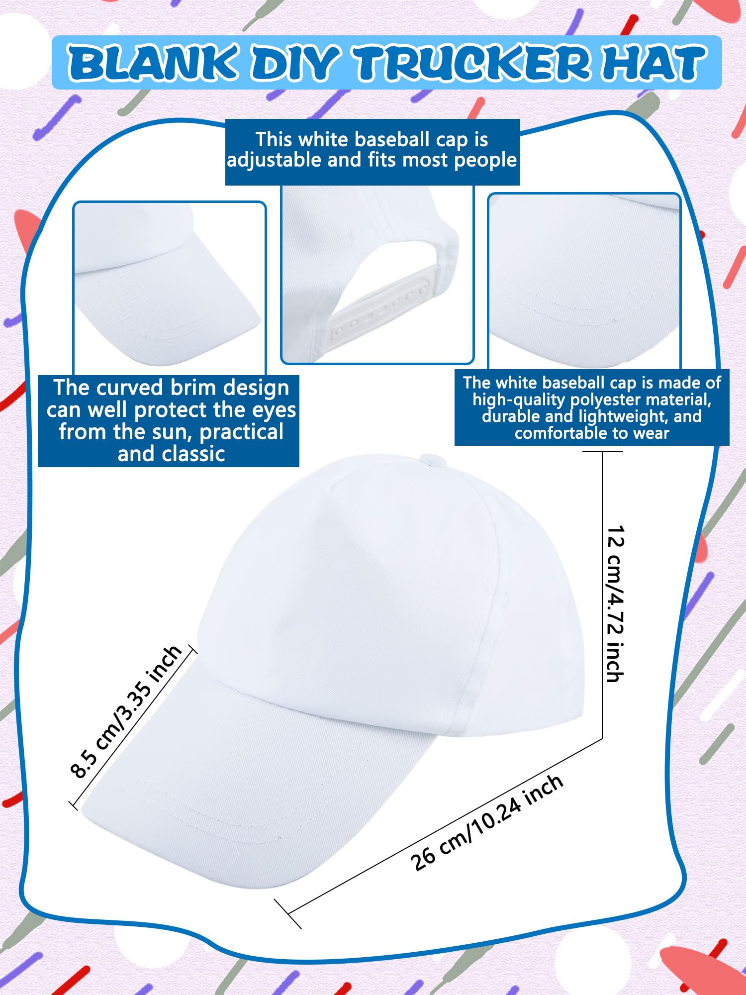 Adult DIY Baseball Caps Adjustable White Baseball Hat Summer Sport Ball Cap Blank Baseball Cap Bulk for Men Women Outdoor (8)