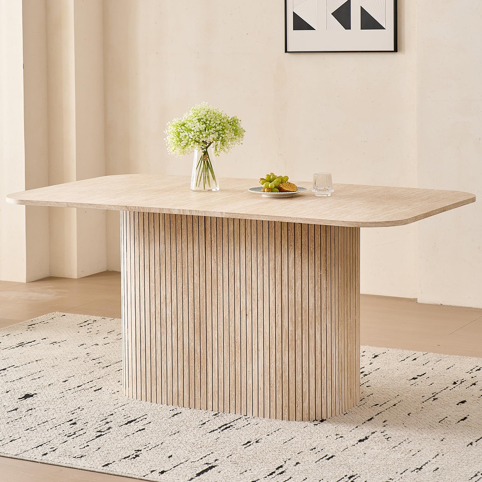Lecafur HL Beige Stone Patterned Oval Dining Table