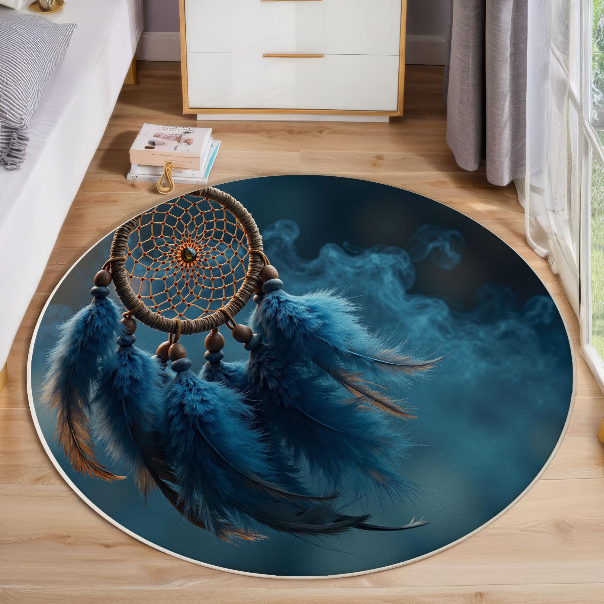 Runder Teppich Traumhaft Luxuriös mit Rauch-Traumfänger, Waschbar Rutschfester Weicher Kurzflor 100cm (Round), Rundteppich für Wohnzimmer Schlafzimmer Esszimmer Dunstblau