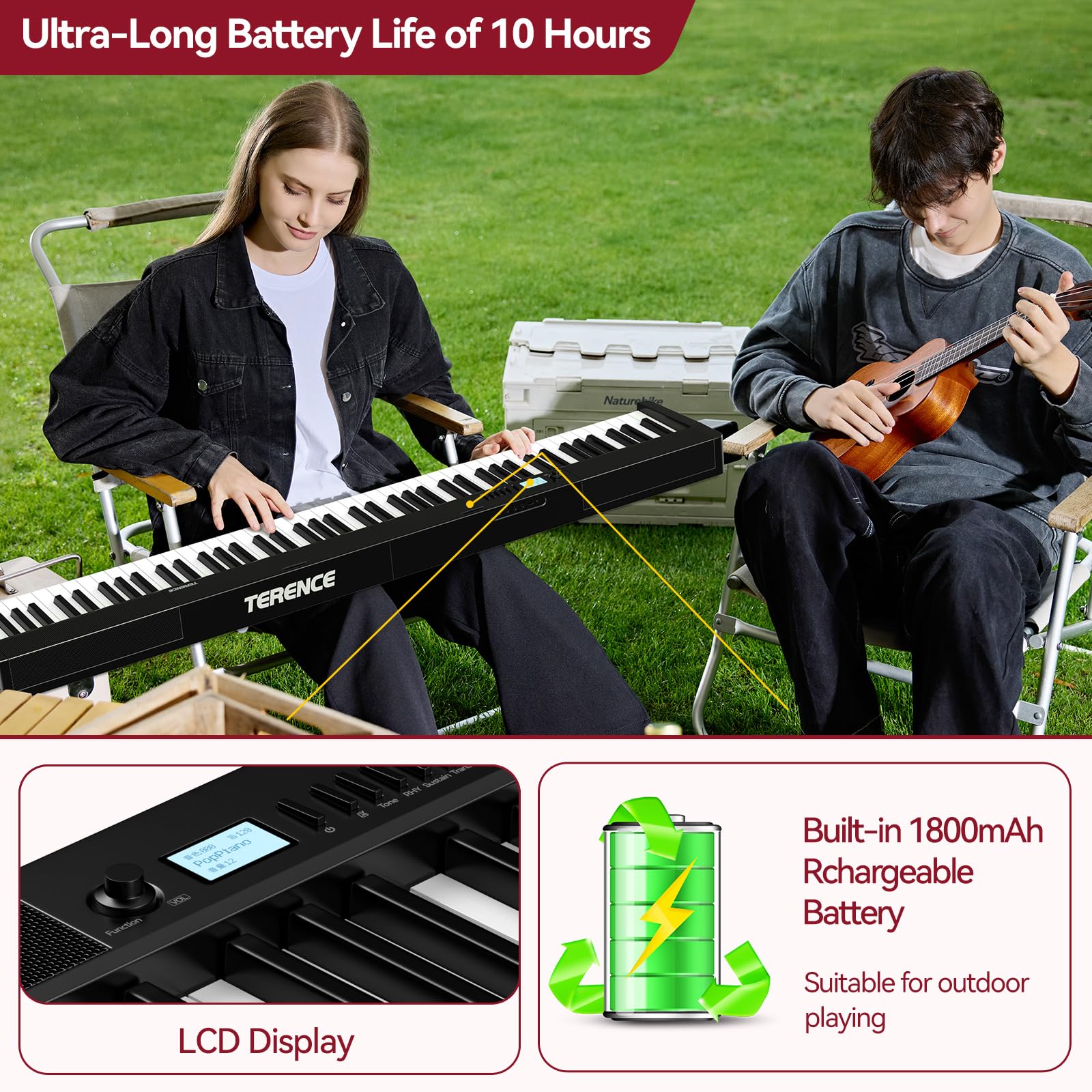 TERENCE Piano numérique, 88 touches lestées, batterie 1800 mAh, Haut - parleur 2 * 5W, pliable et portable, support Bluetooth et interface midi Noir