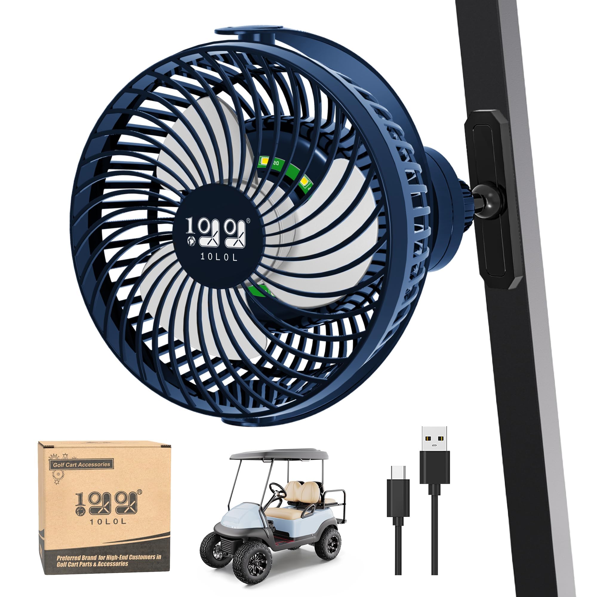 Ventilateur de golf 10L0L 8000 mAh avec support magnétique et 3 vitesses pour voiturette