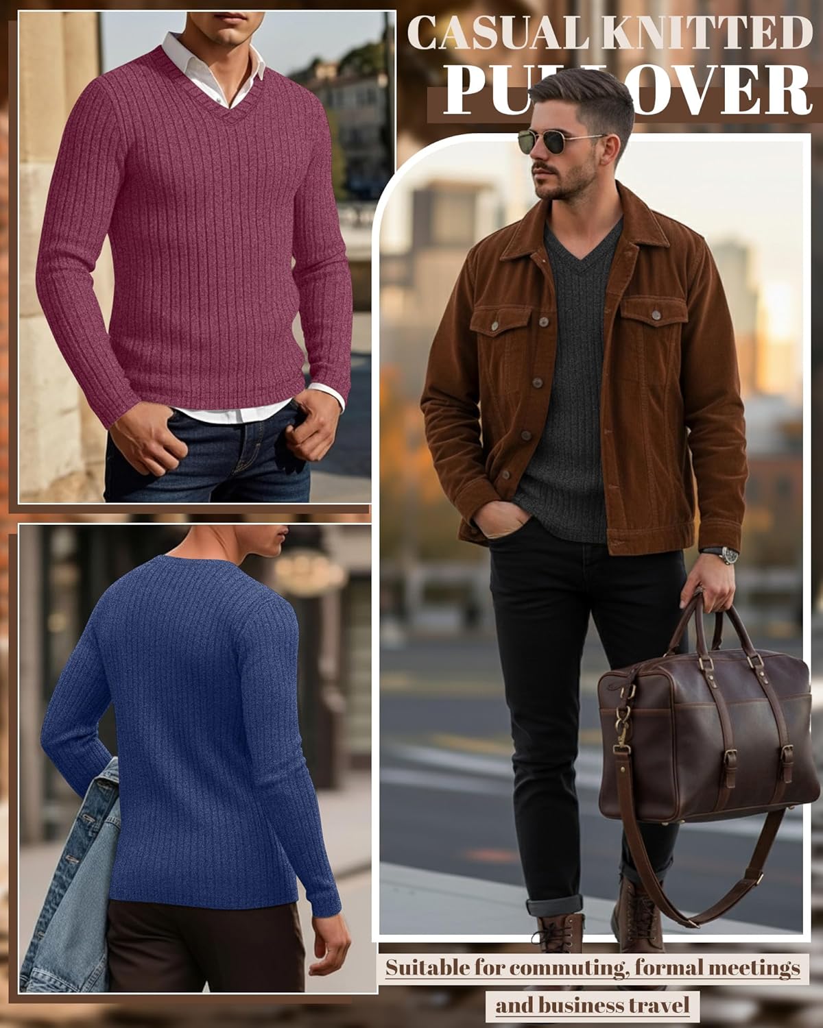 3 Pack Men's Ribbed V Neck Long Sleeve Shirts, Slim Fit Thermal Sweaters Tops Muscle Athletic Casual Gym Basic Tees