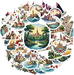 50 peças arquitetura marco castelo palácio histórico adesivos PVC adesivos arquitetônicos cênicos para guitarra, laptop, capacete, skate, telefone faça você mesmo, guitarra, laptop, notebook, mala