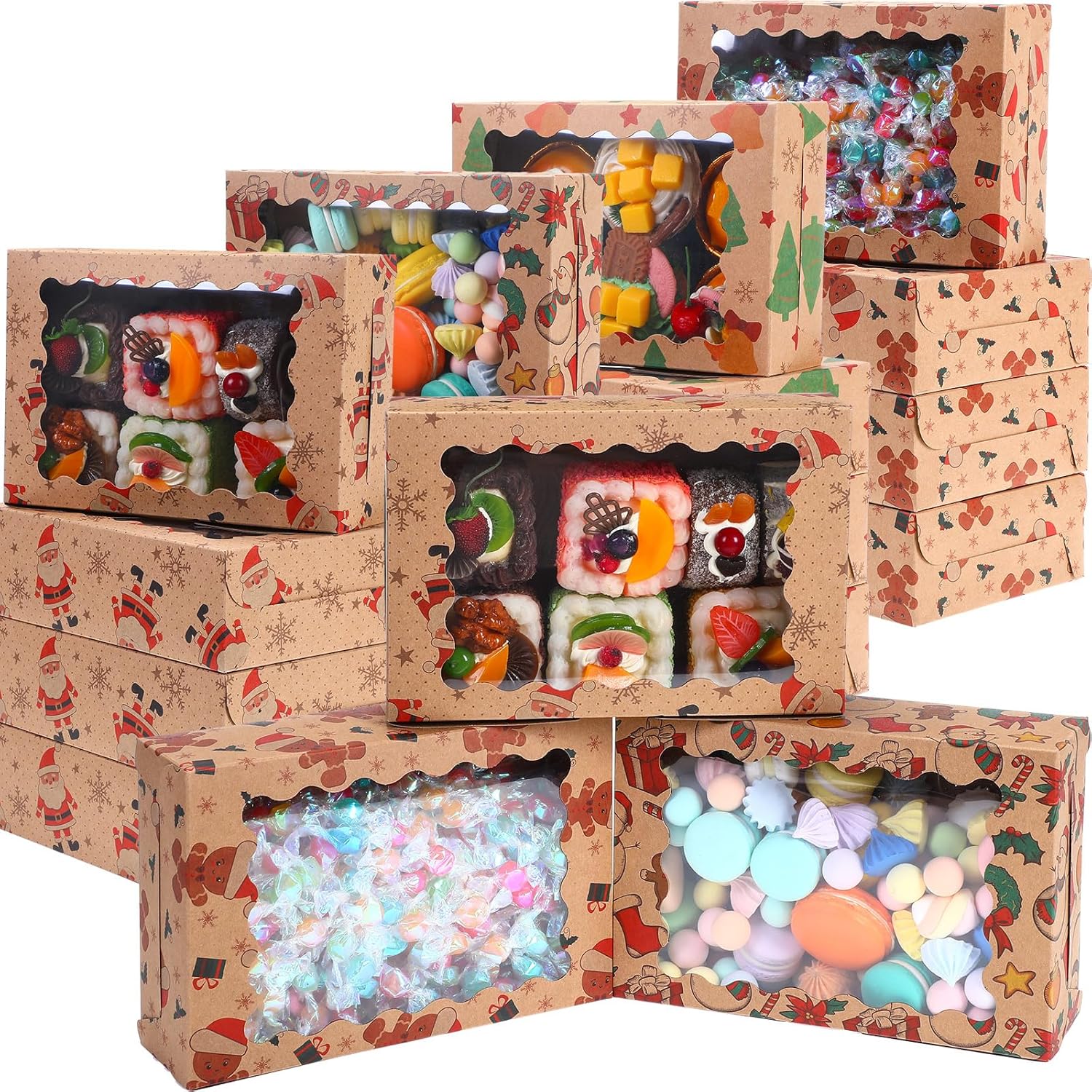Gersoniel 48 Pieces Christmas Cookie Boxes with Window 8.5 x 6 x 2.5 Inch Kraft Christmas Treat Boxes for Gift Giving Holiday Cookie Containers Tins Cupcake Box for Gift Donut Xmas Party Supplies 48 Classic Styles
