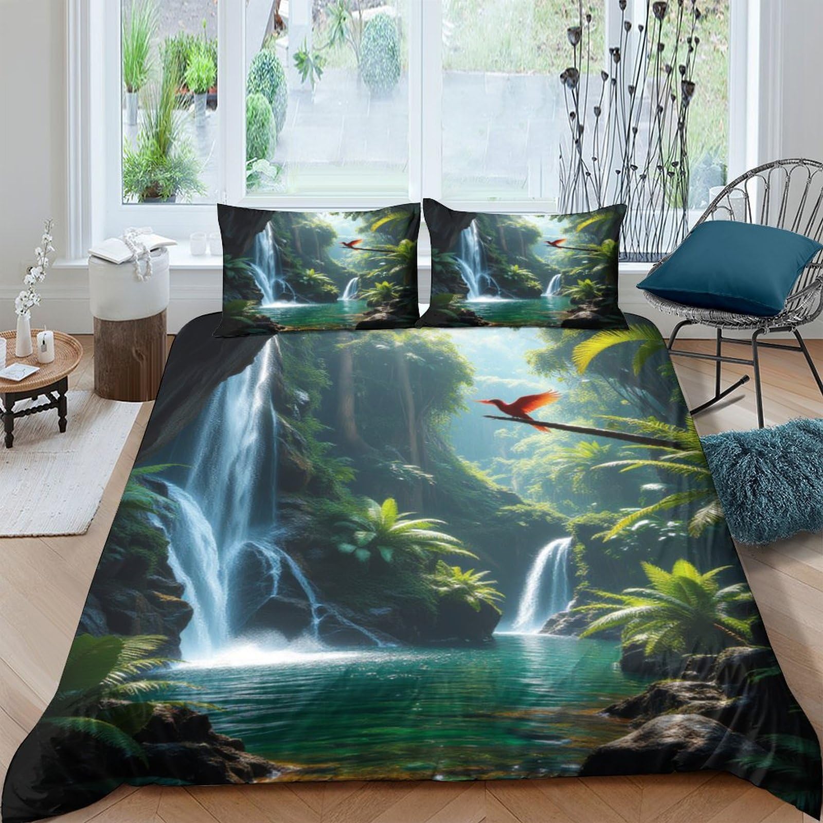 Ctjqhvkz Style-10 3D Printed Waterfall Forest Fitted Sheet Microfiber Soft Breathable Bird Bed Cover For Bedroom Guest Room Decor Single（135X200cm）