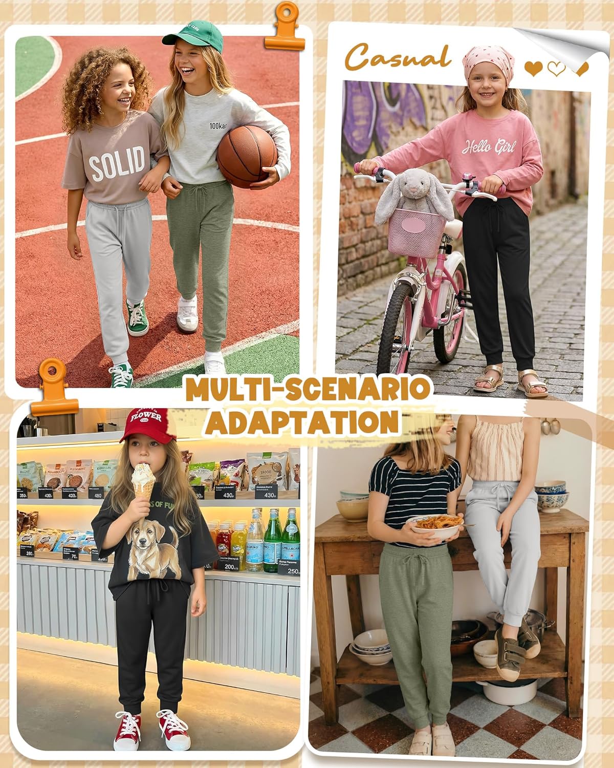 3 Pack Girls Jogger Sweatpants Soft Athletic Sweat Pants for Kids Youth with Pocket Drawstring Years 5-16