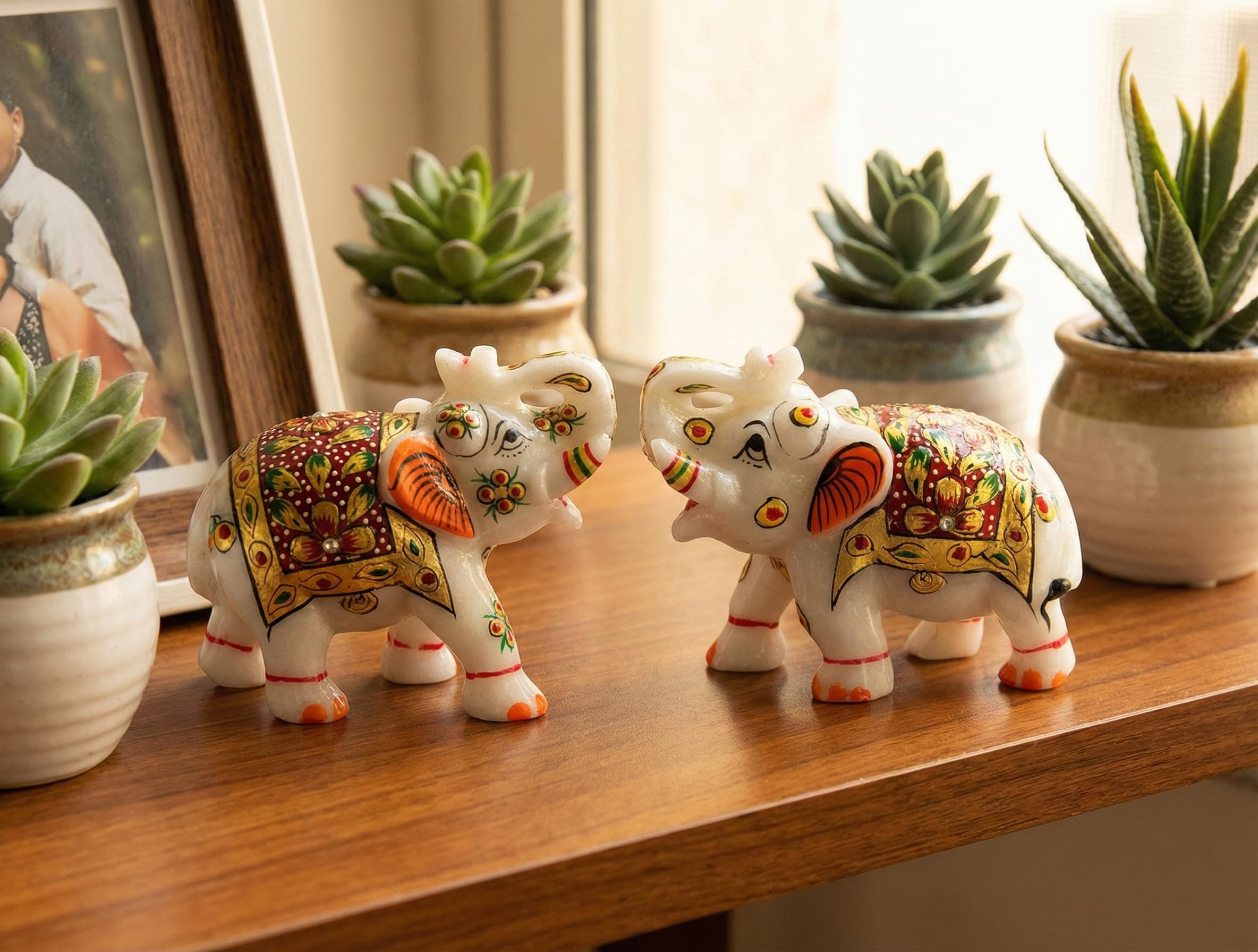 eSplanade Marble Elephant Family with Calf Set Sculpture or Showpiece Feng Shui Vastu Brings Goodluck Home Decor - Set of 3 (4.25" Inches Height) (Multicolor Stone Set of 2)