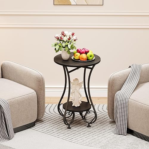 Miniatura 9 de Mesa auxiliar, pequeña mesa auxiliar redonda para espacios pequeños, mesita de noche redonda con marco de metal, mesa auxiliar para sofá, mesa de