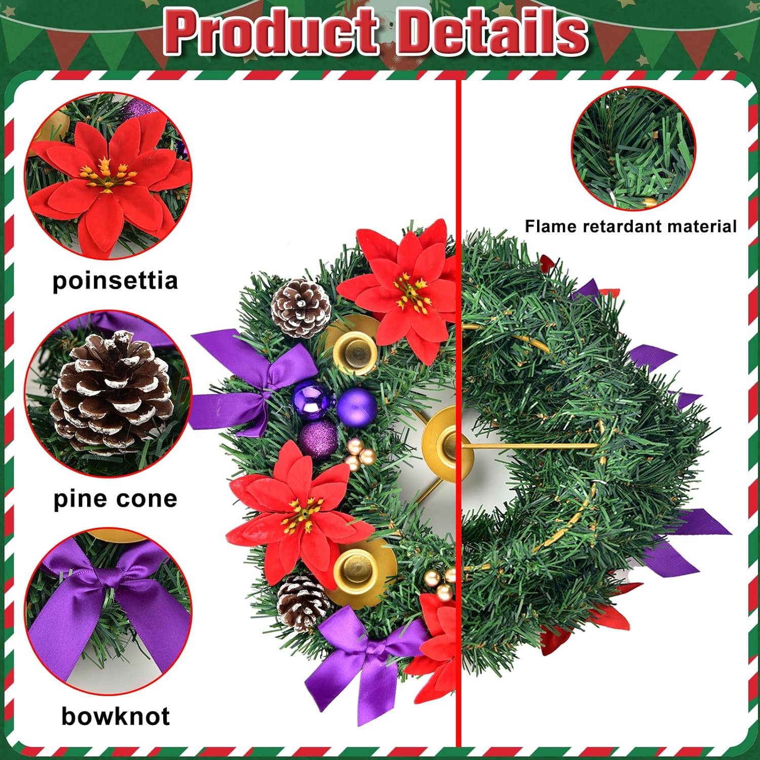 12 Inch Christmas Advent Wreath 5 Candle Holder with Metal Candle Cups for Taper Candles Fire Retardant Centerpiece Decorations for Table Indoor Home Church(No Candles)