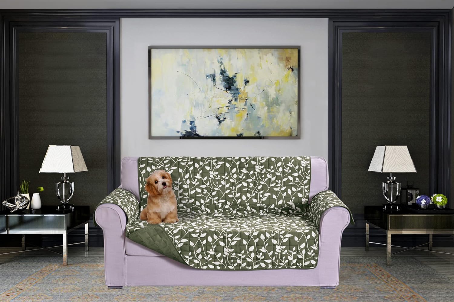 Elegant Comfort Quilted Furniture Protectors Solid and Printed Design Reversible Slipcovers Featuring Elastic Straps and Smart Pockets Great for Pets, Kids and More, Smart Leaf Sofa, Cream