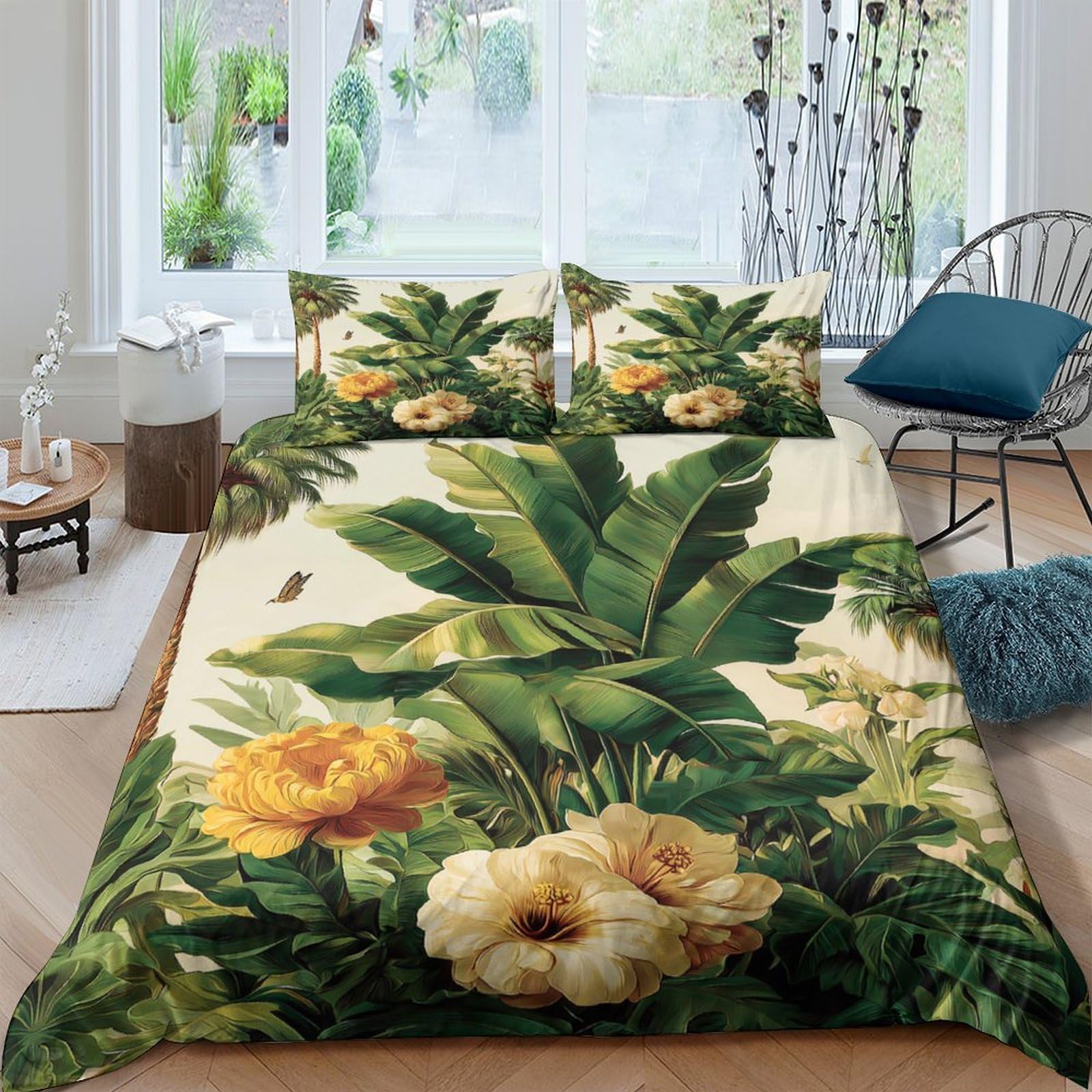 Ctjqhvkz Style-9 3D Printed Tropical Banana Leaf Fitted Sheet Microfiber Yellow Peony Mattress Cover For Bedroom Guest Room Home Decor Single（135X200cm）