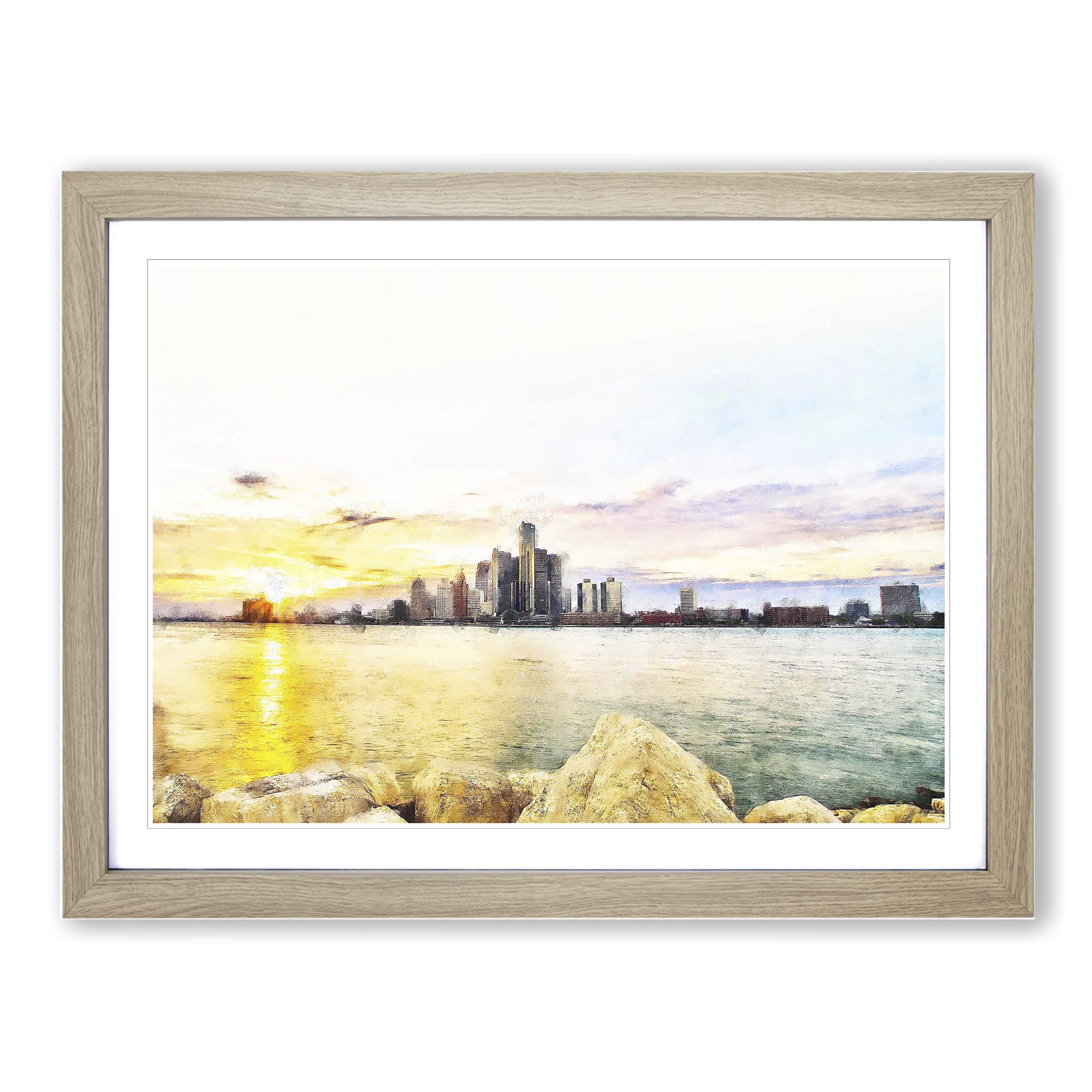 Sunrise Over The Detroit Skyline Painting Modern Art Framed Print, Oak, A3 (46 x 34 cm)