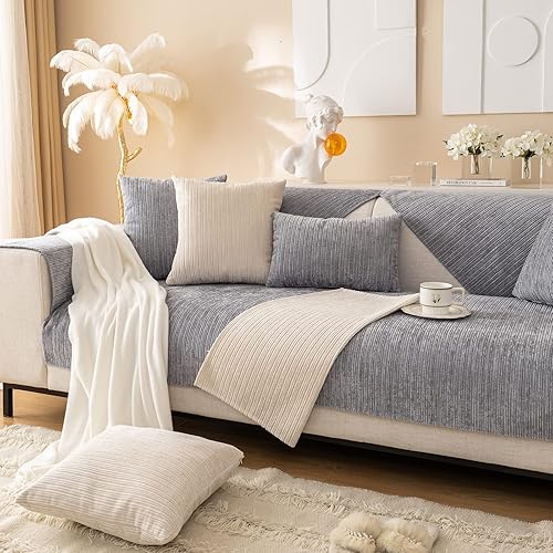Miniatura 7 de Fundas de felpilla para sofá de 3 cojines, fundas antideslizantes para sofá en forma de L para cojines y muebles (color gris, cojín de 27.6 x 59.1