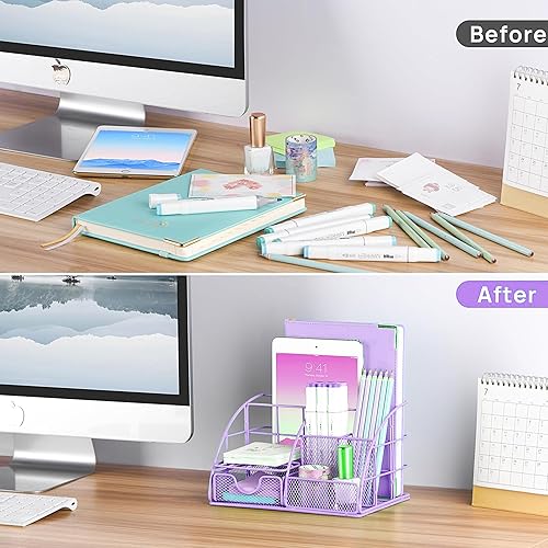 Miniatura 4 de Organizador de escritorio morado y accesorios de oficina, juego de grapadora, soporte para bolígrafos, soporte para teléfono, tijeras, bolígrafo,