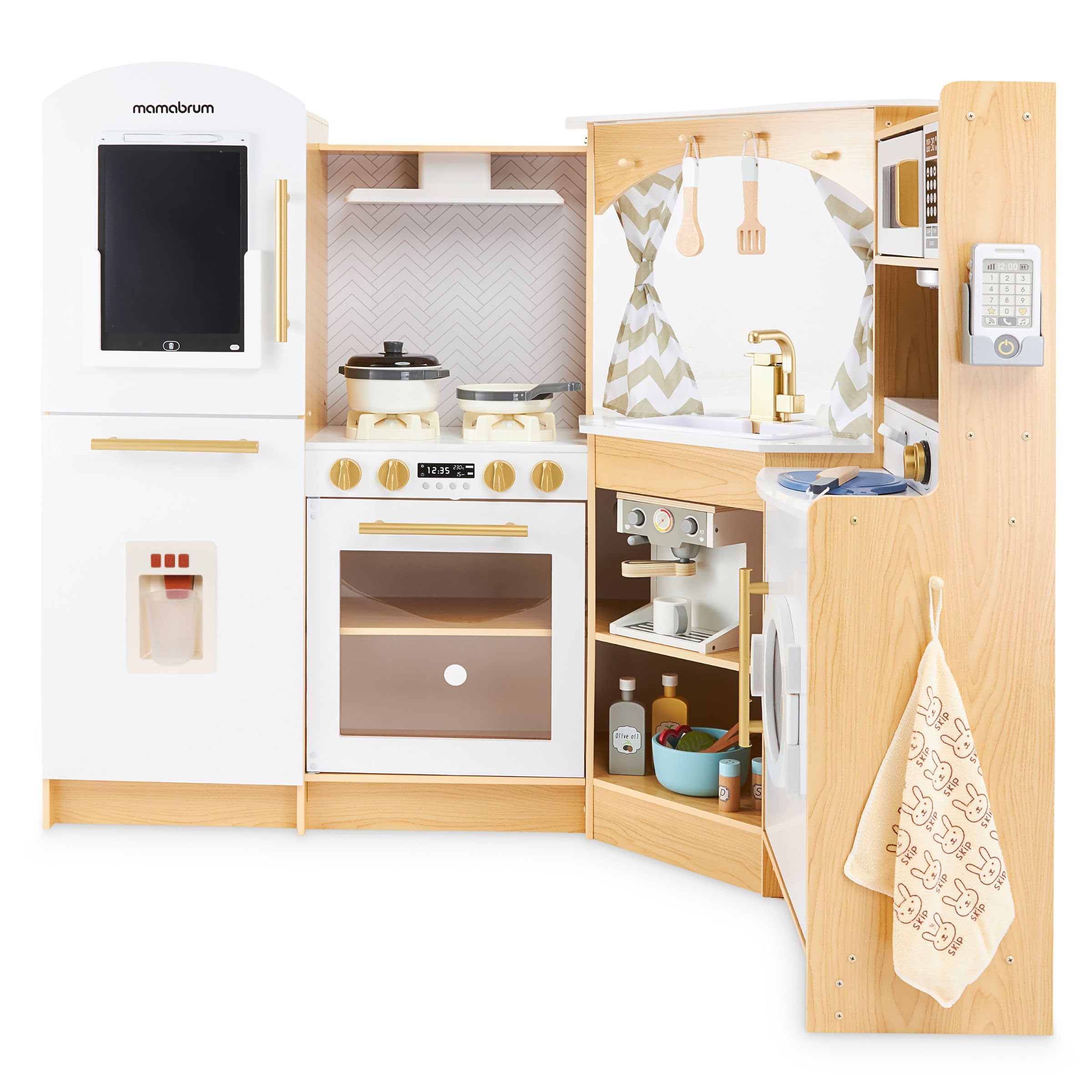 Mamabrum Cucina in Legno per Bambini 3+, Set XXXL con Luci LED, Caffettiera, Pentole, Frutta e Verdura | 50 Pezzi di Accessori Giocattolo