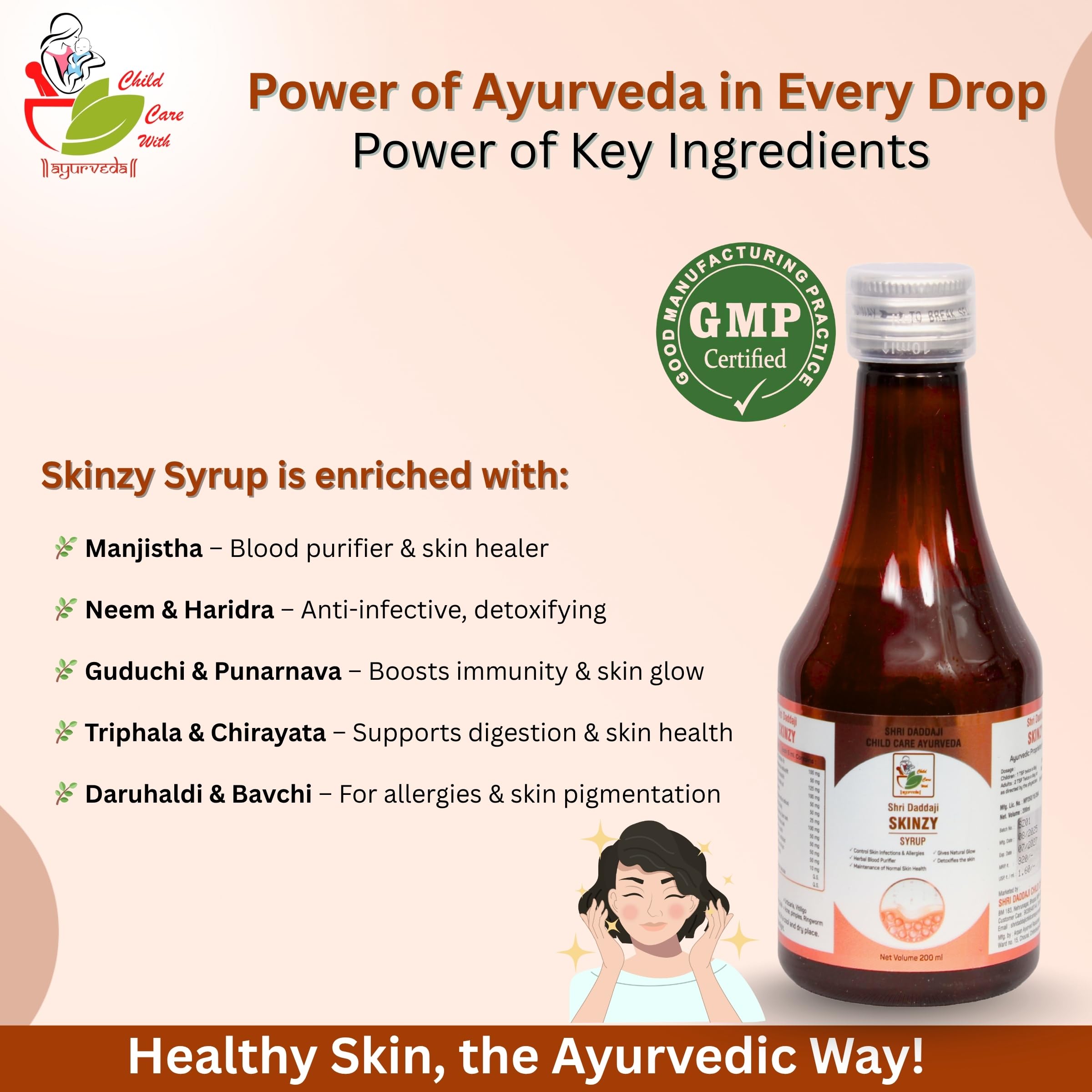 Shri Daddaji Skinzy Ayurvedic Syrup for Healthy & Glowing Skin | Blood Purifier | Pimples, Acne, Allergies, Rashes, Fungal Infections Relief | 100% Herbal Formula – 200ml - Image 5 thumbnail