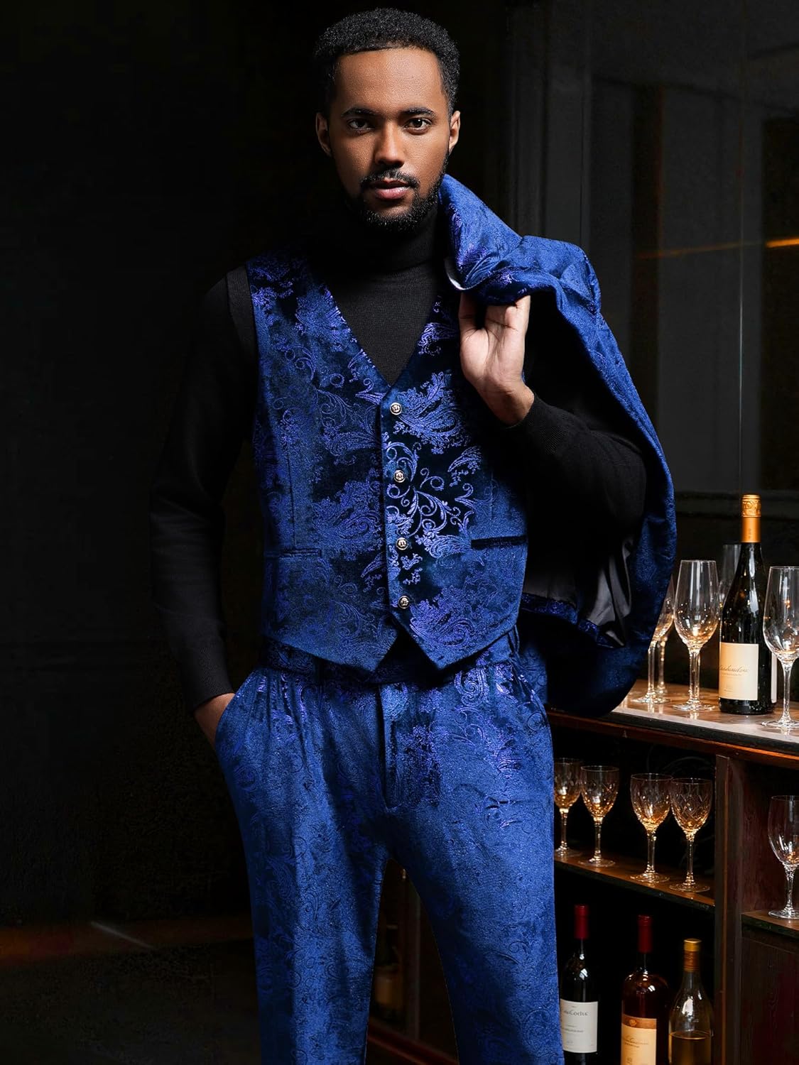 MAGE MALE Mens Suits Dress Floral Tuxedo Slim Fit 3 Piece Suit 2 Button Prom Party Blazer Vest Pants Set with Bow Tie - Image 5