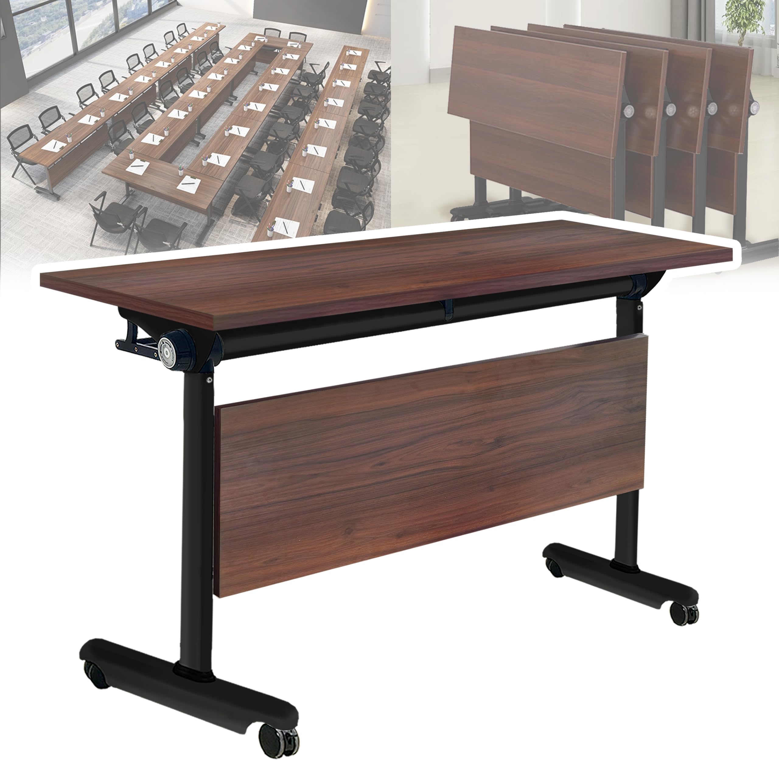 Folding Conference Table with Flip Top, Mobile Rectangular Training Tables with Casters, with Strong Metal Frame, Suitable for Meeting Rooms, classrooms and Training Rooms
