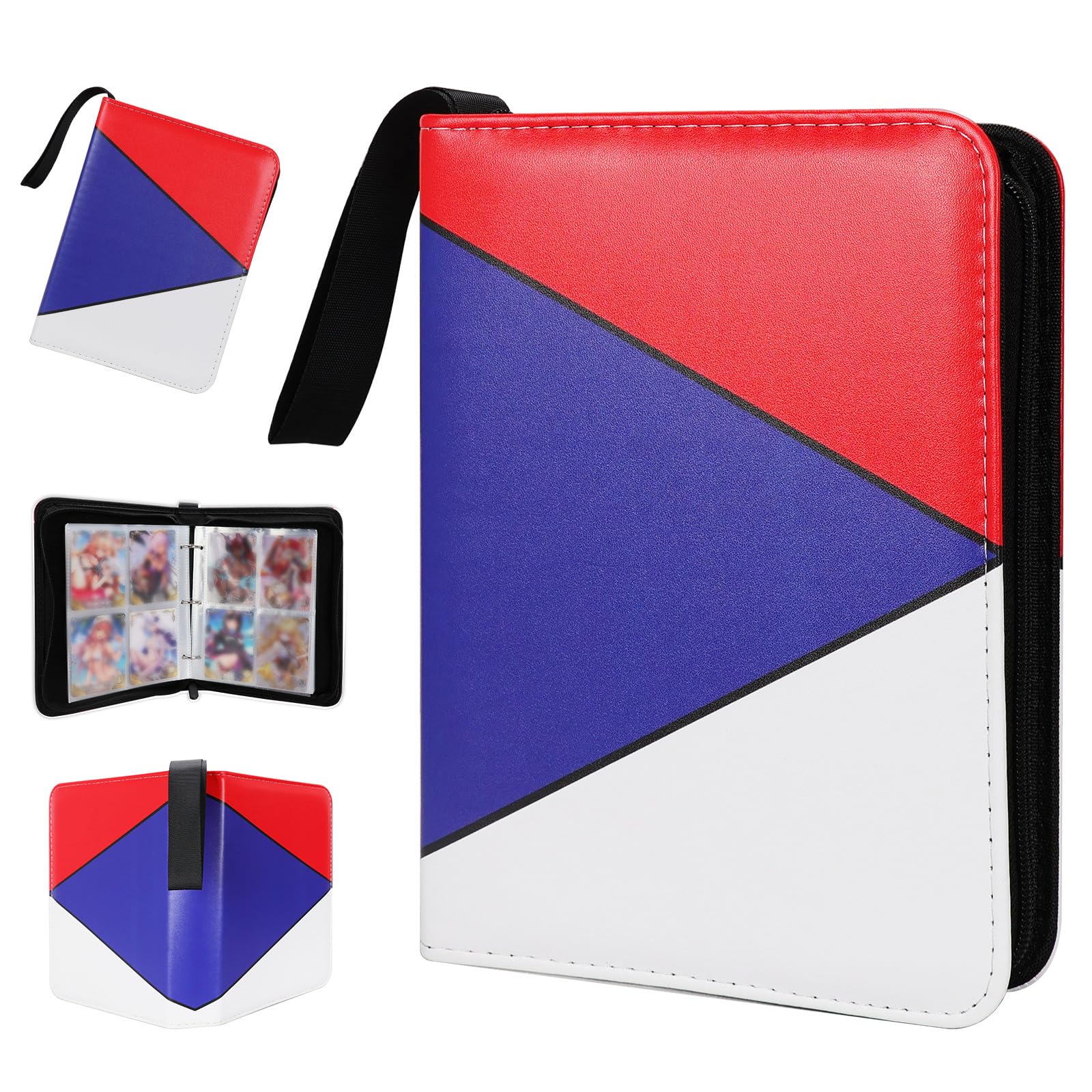 Collectible Trading Card Albums,4 Pocket Card Binder, 400 Double Sided Pocket PU Premium Zip Trading Collection Binderwith 50 Removable Sleeves, Card Folder forTCG, Sports Cards (Red& Blue & white)