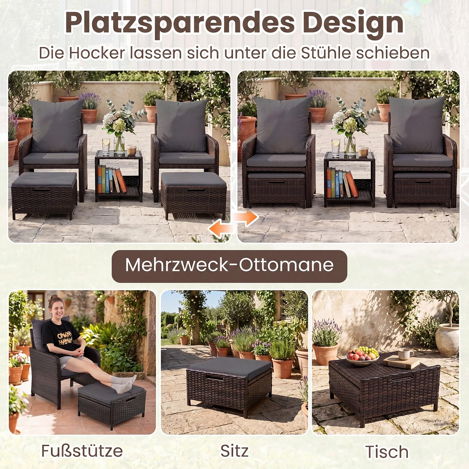 COSTWAY 5-teiliges Balkonmöbel Set, Gartenmöbel aus PE-Polyrattan (Grau)